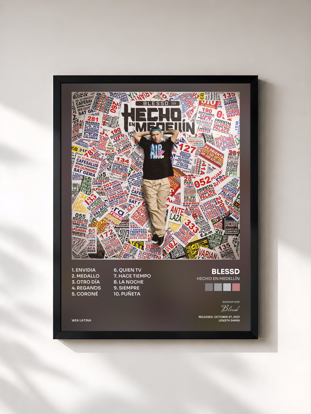 #noir Tableau de l'album Hecho En Medellín de Blessd, cadre noir, imprimé et encadré en France