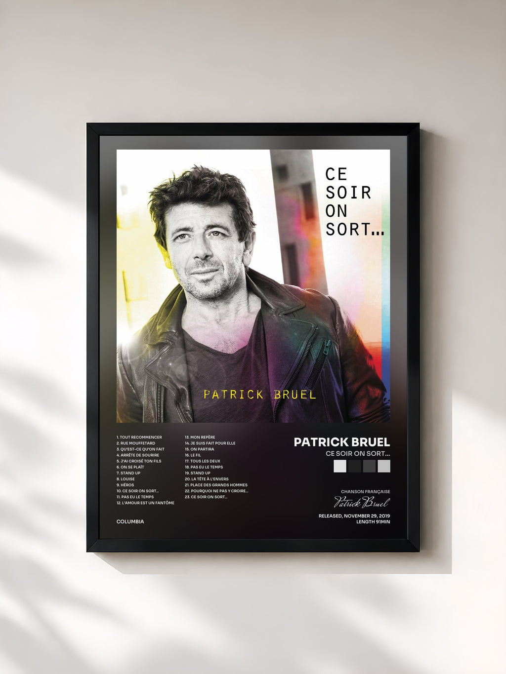 #noir Tableau de l'album Ce soir on sort... de Patrick Bruel, cadre noir, imprimé et encadré en France