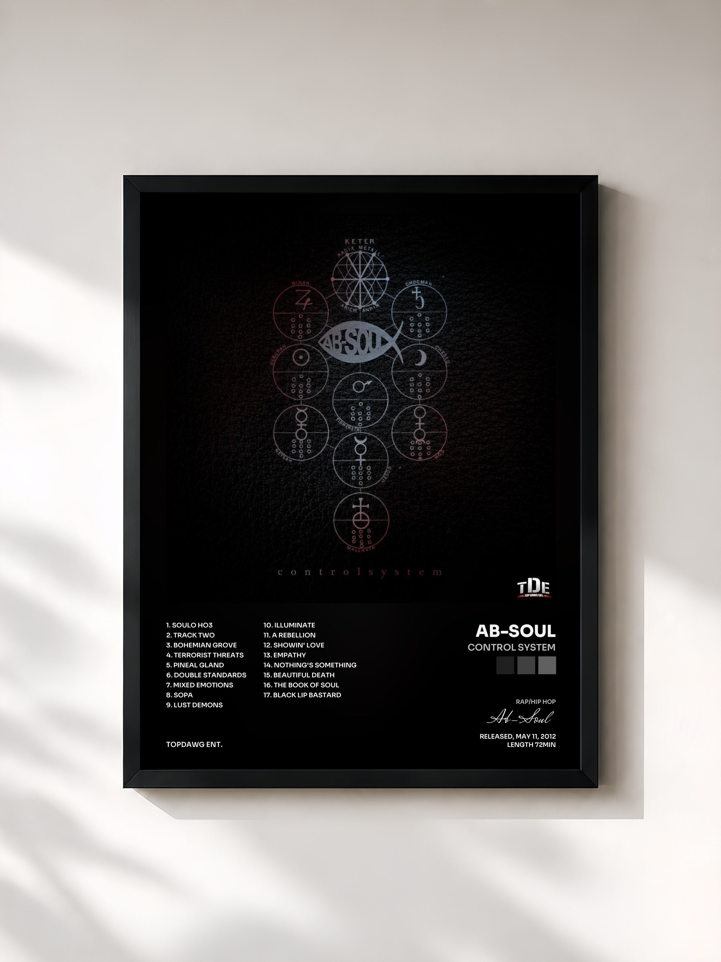 #noir Tableau de l'album Control System de Ab-Soul, cadre noir, imprimé et encadré en France