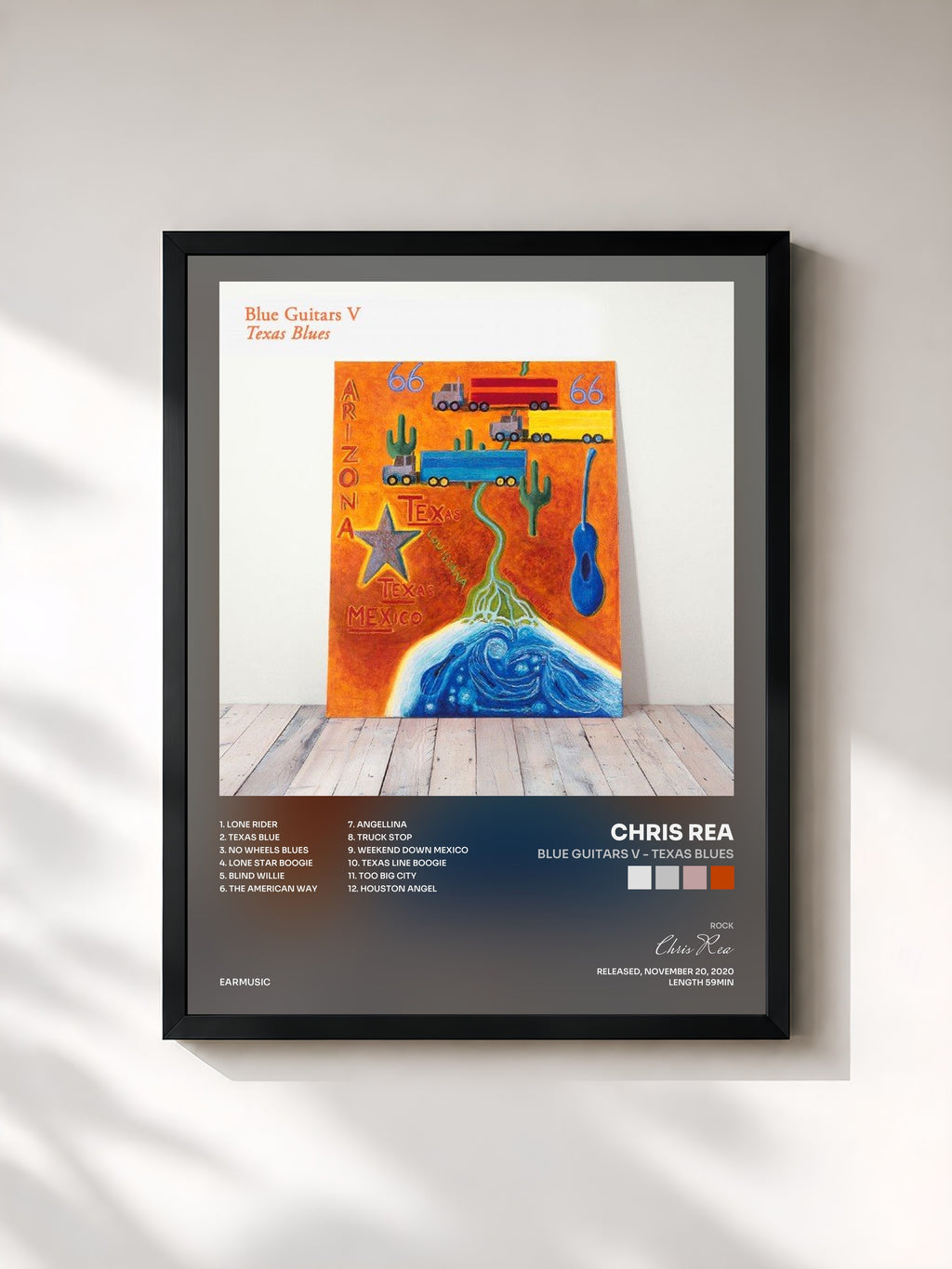 #noir Tableau de l'album Blue Guitars V - Texas Blues de Chris Rea, cadre noir, imprimé et encadré en France