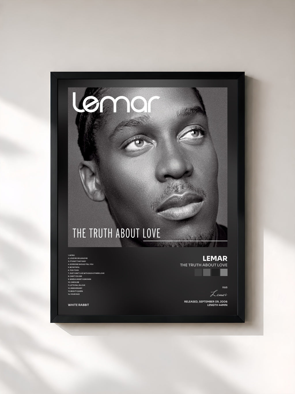 #noir Tableau de l'album The Truth About Love de Lemar, cadre noir, imprimé et encadré en France