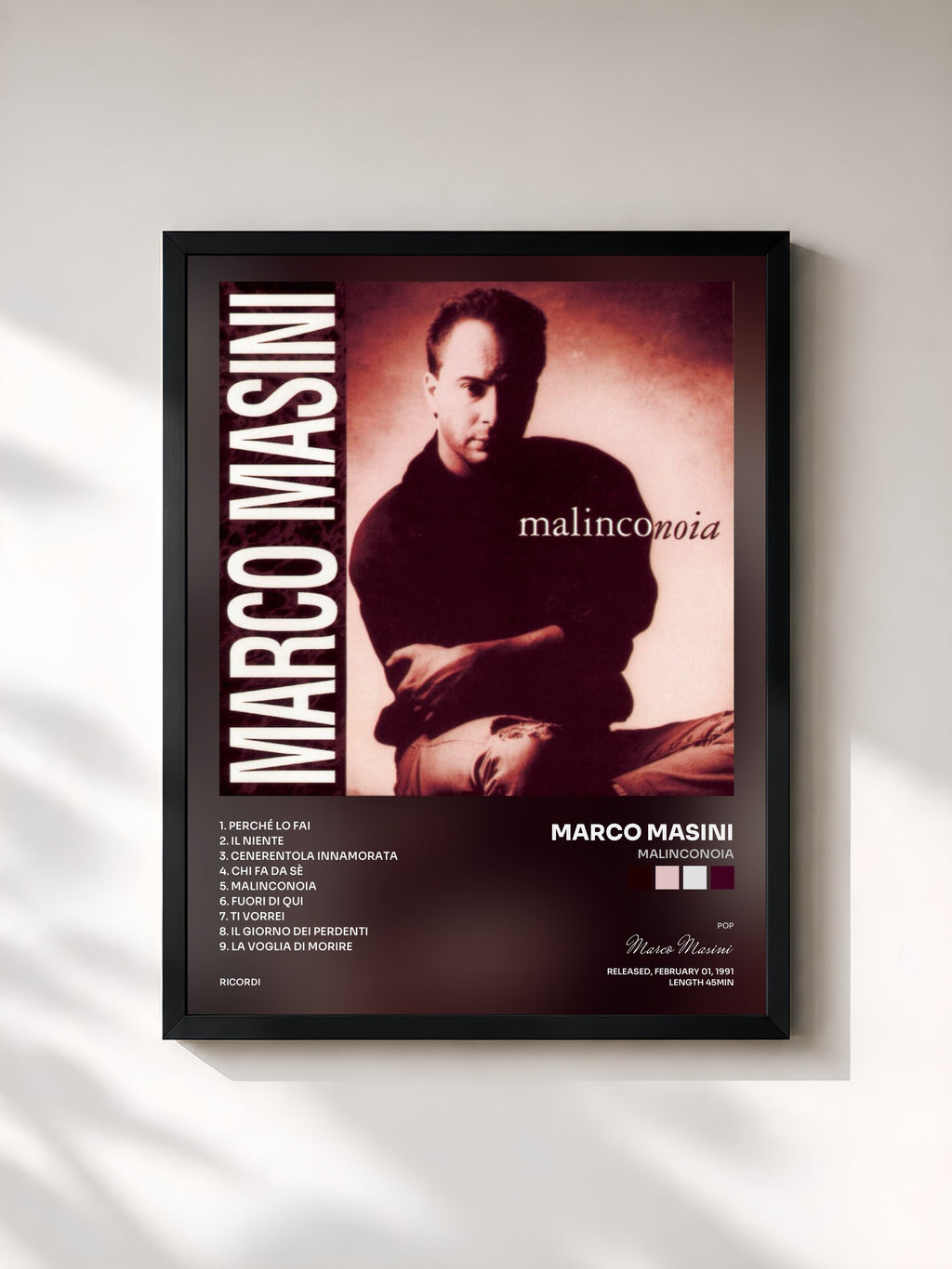 #noir Tableau de l'album Malinconoia de Marco Masini, cadre noir, imprimé et encadré en France