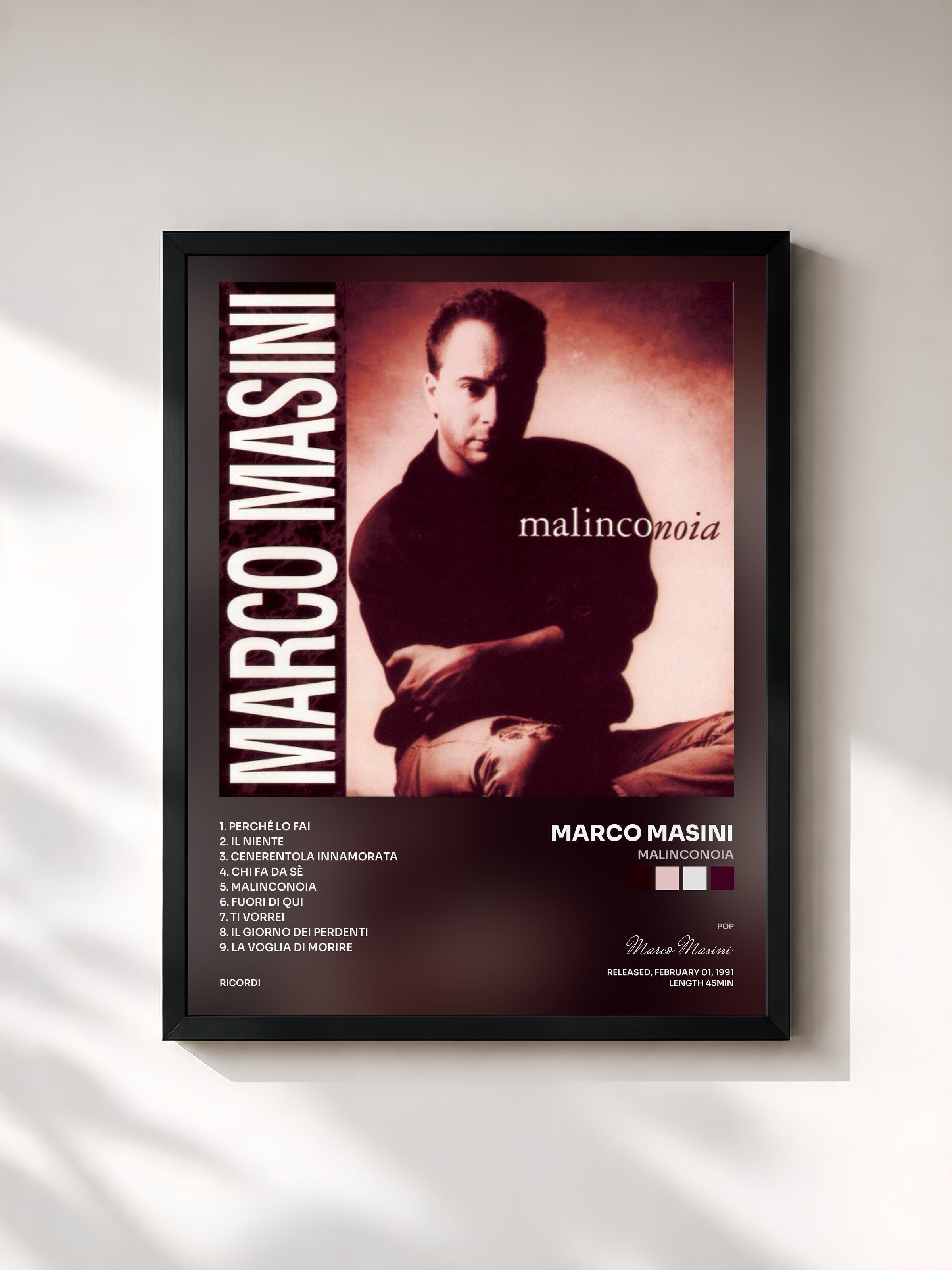 #noir Tableau de l'album Malinconoia de Marco Masini, cadre noir, imprimé et encadré en France