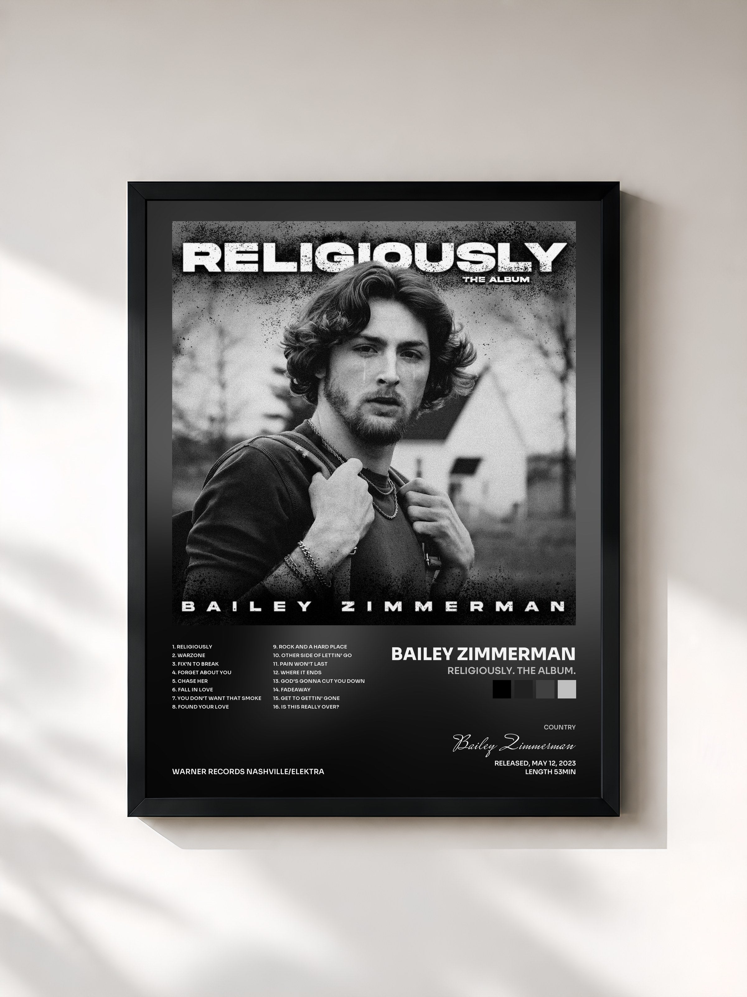 #noir Tableau de l'album Religiously. The Album. de Bailey Zimmerman, cadre noir, imprimé et encadré en France