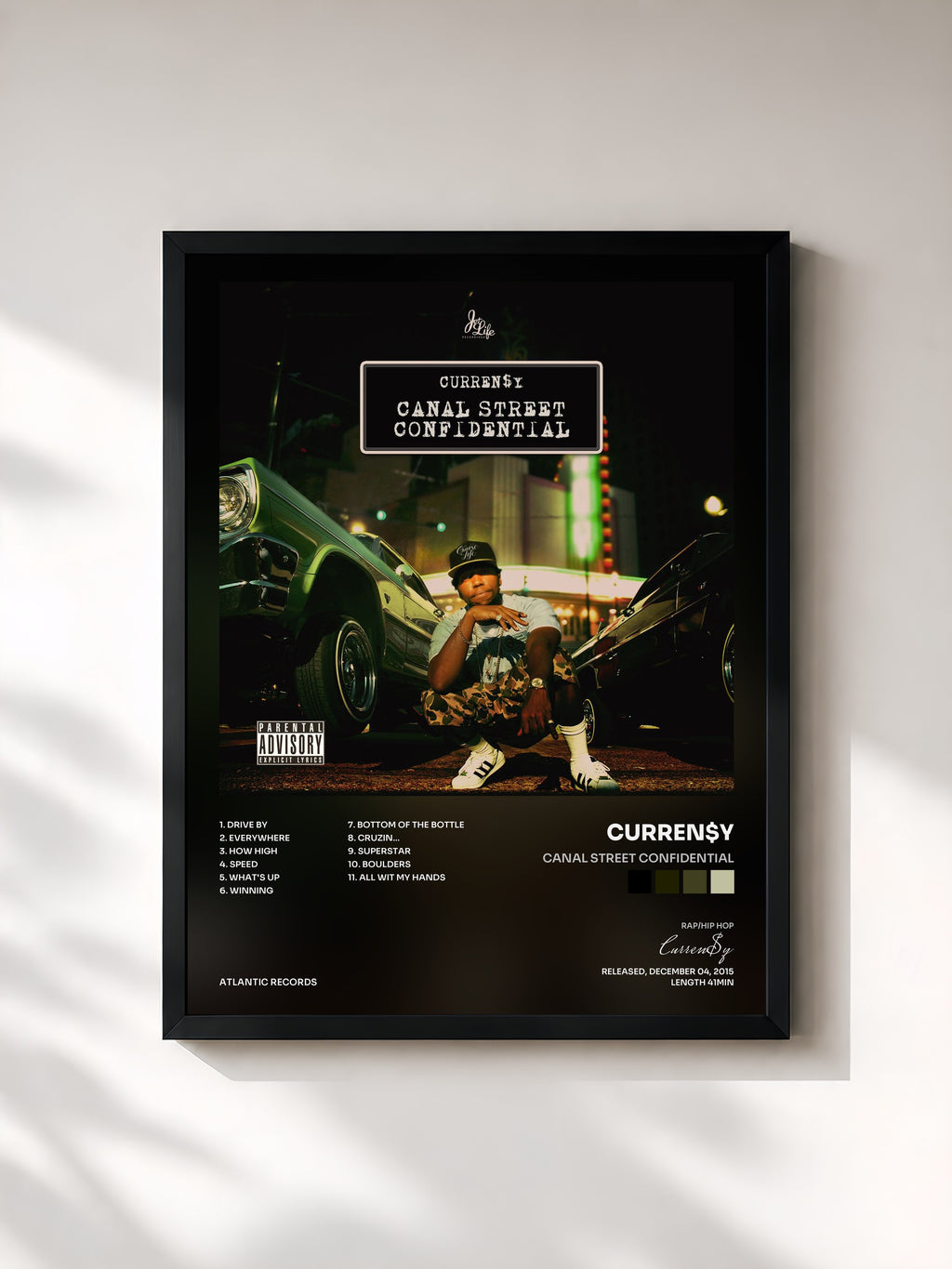 #noir Tableau de l'album Canal Street Confidential de Curren$y, cadre noir, imprimé et encadré en France