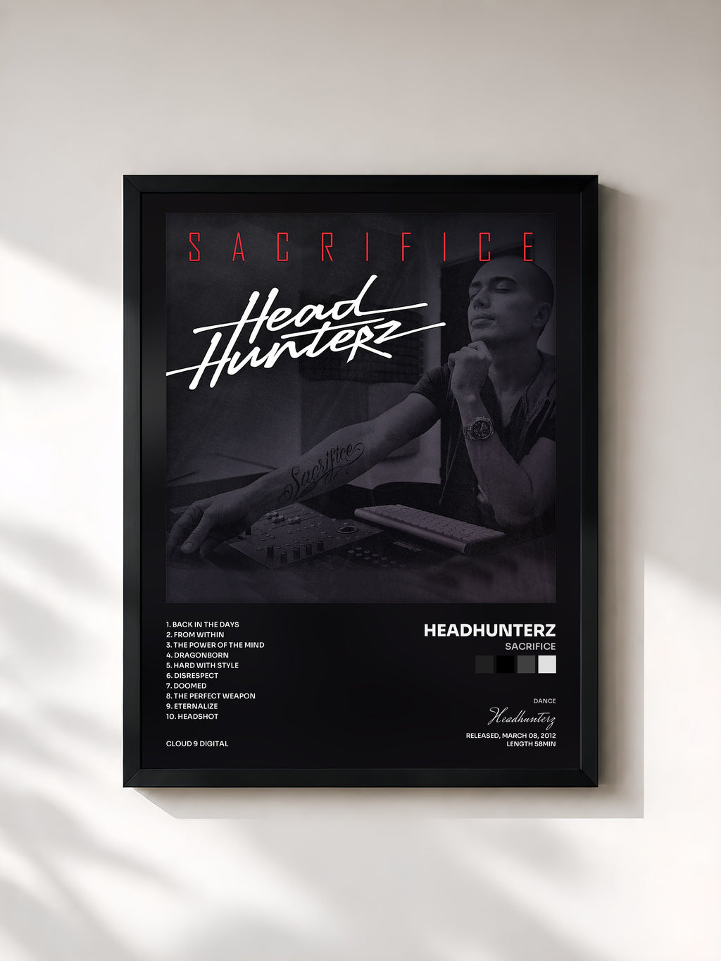 #noir Tableau de l'album Sacrifice de Headhunterz, cadre noir, imprimé et encadré en France