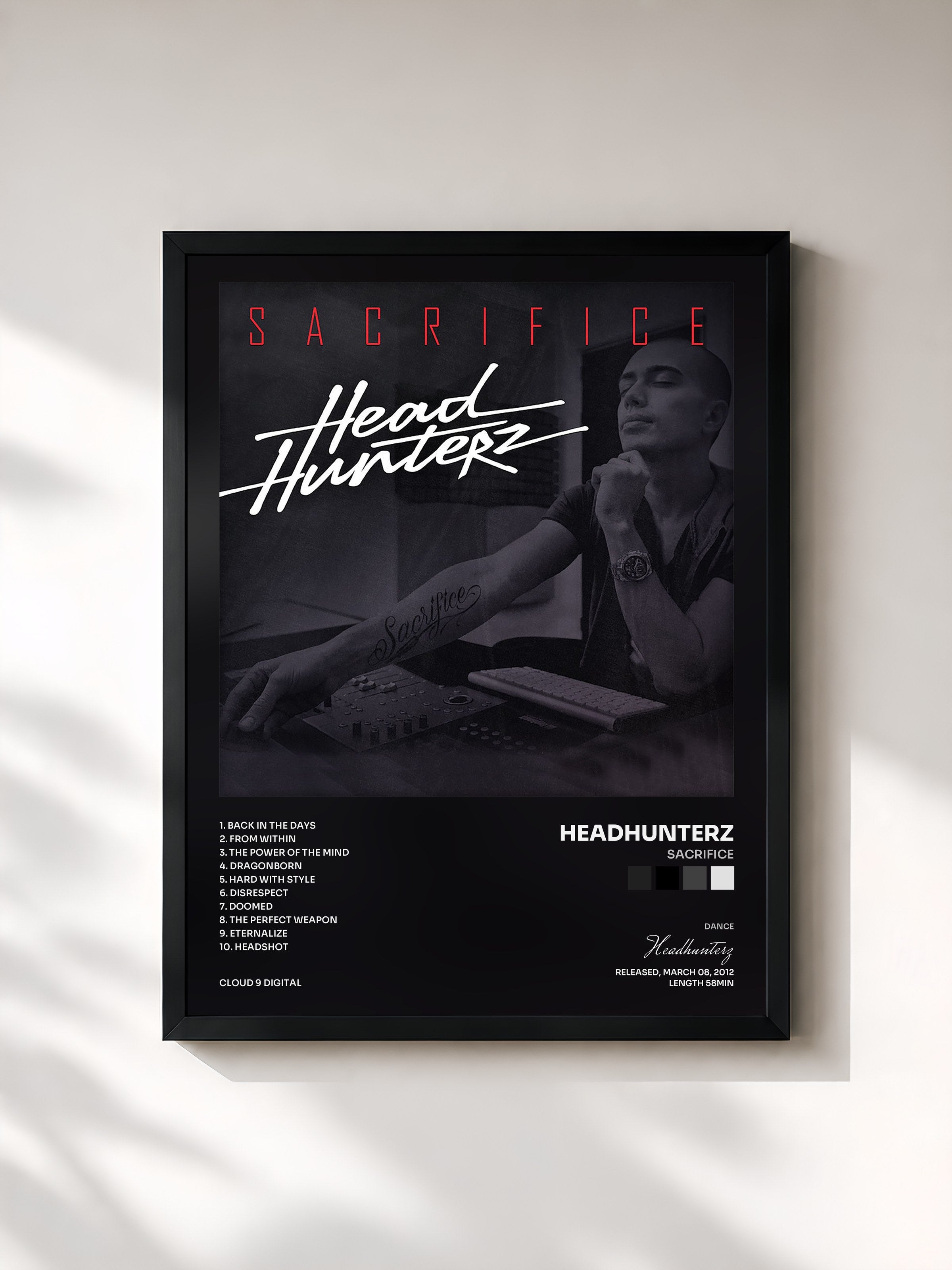 #noir Tableau de l'album Sacrifice de Headhunterz, cadre noir, imprimé et encadré en France