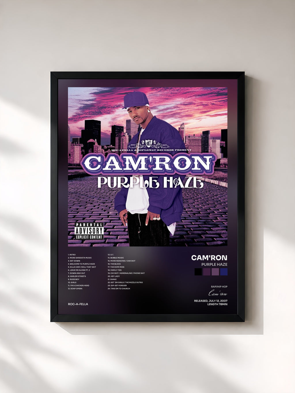 #noir Tableau de l'album Purple Haze de Cam'ron, cadre noir, imprimé et encadré en France