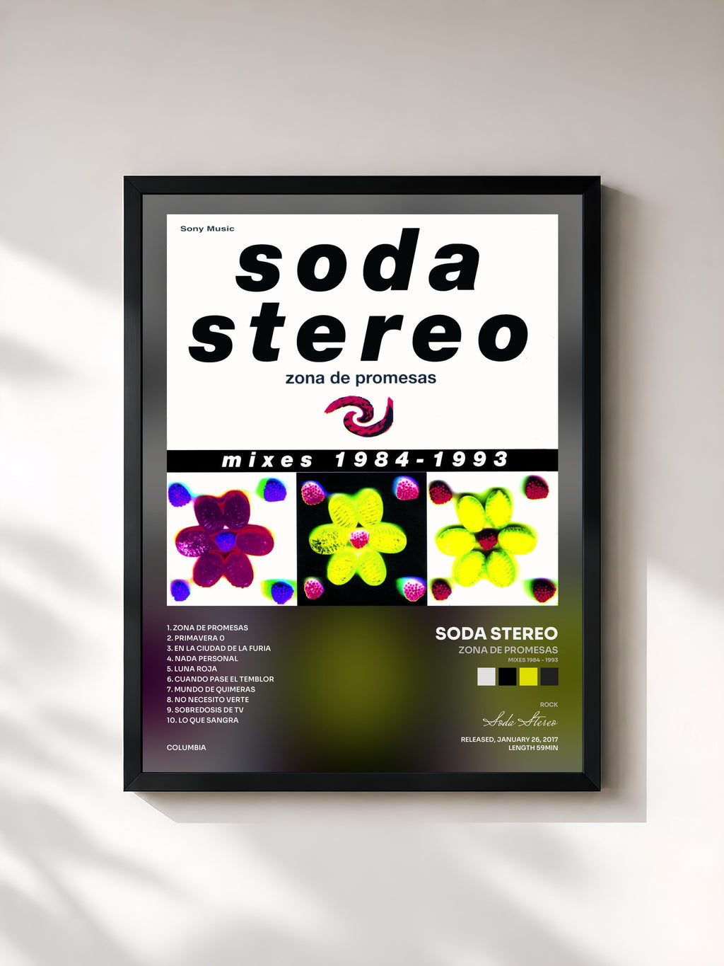 #noir Tableau de l'album Zona de Promesas (Mixes 1984 - 1993) de Soda Stereo, cadre noir, imprimé et encadré en France