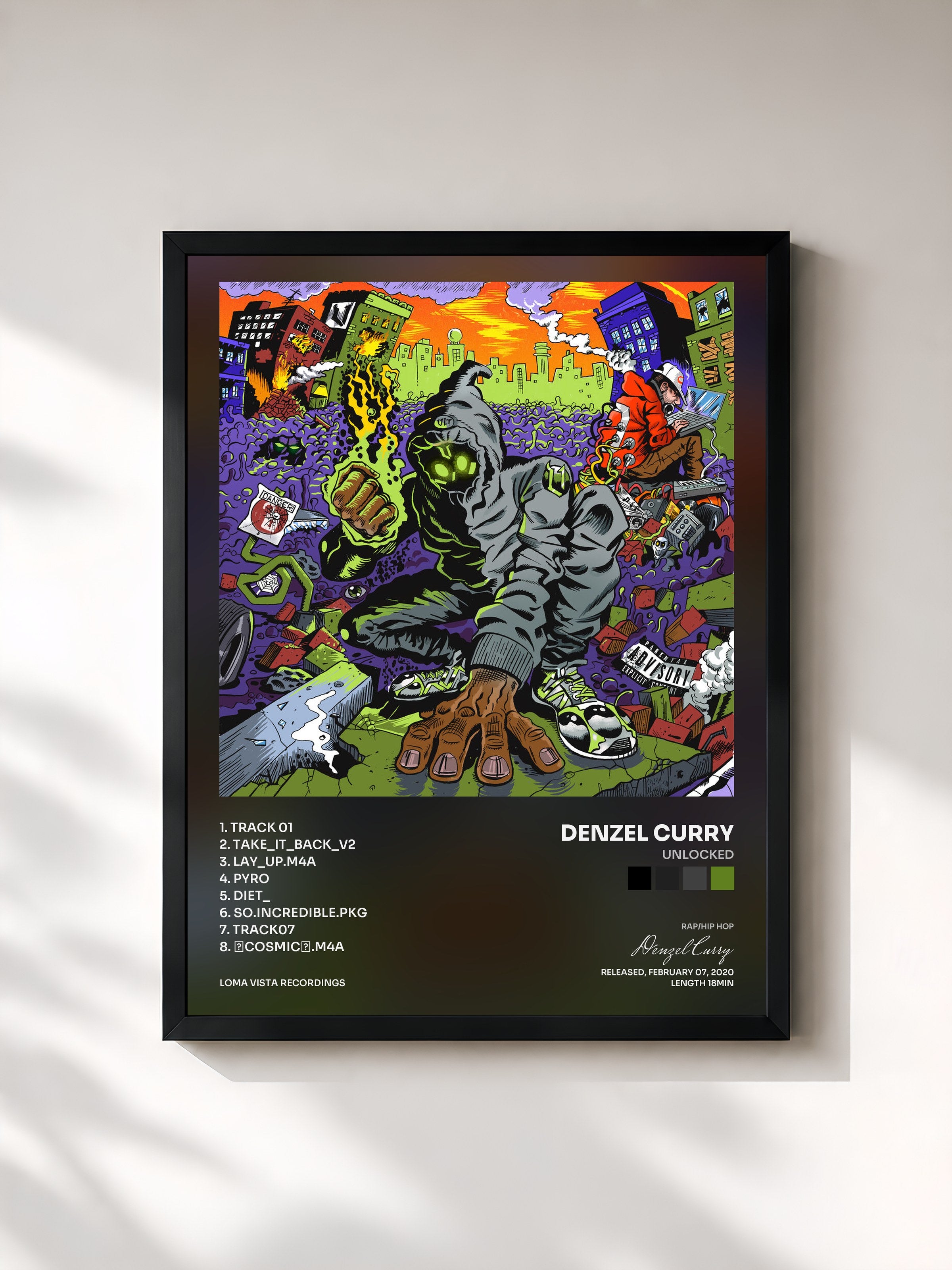 #noir Tableau de l'album UNLOCKED de Denzel Curry, cadre noir, imprimé et encadré en France