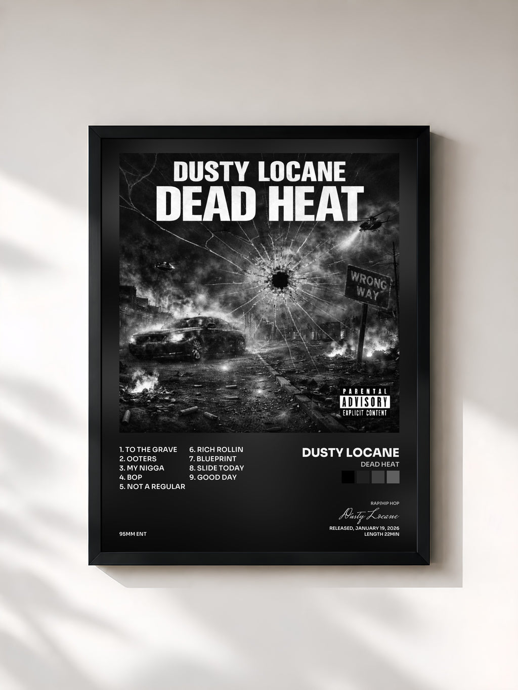 #noir Tableau de l'album DEAD HEAT de Dusty Locane, cadre noir, imprimé et encadré en France