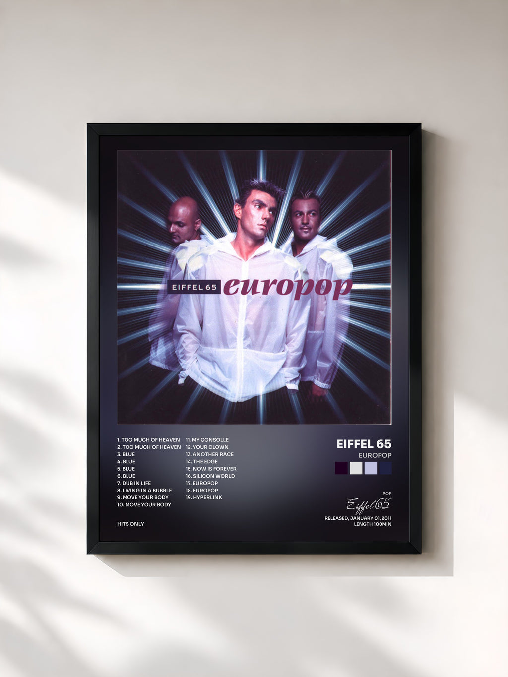 #noir Tableau de l'album Europop de Eiffel 65, cadre noir, imprimé et encadré en France
