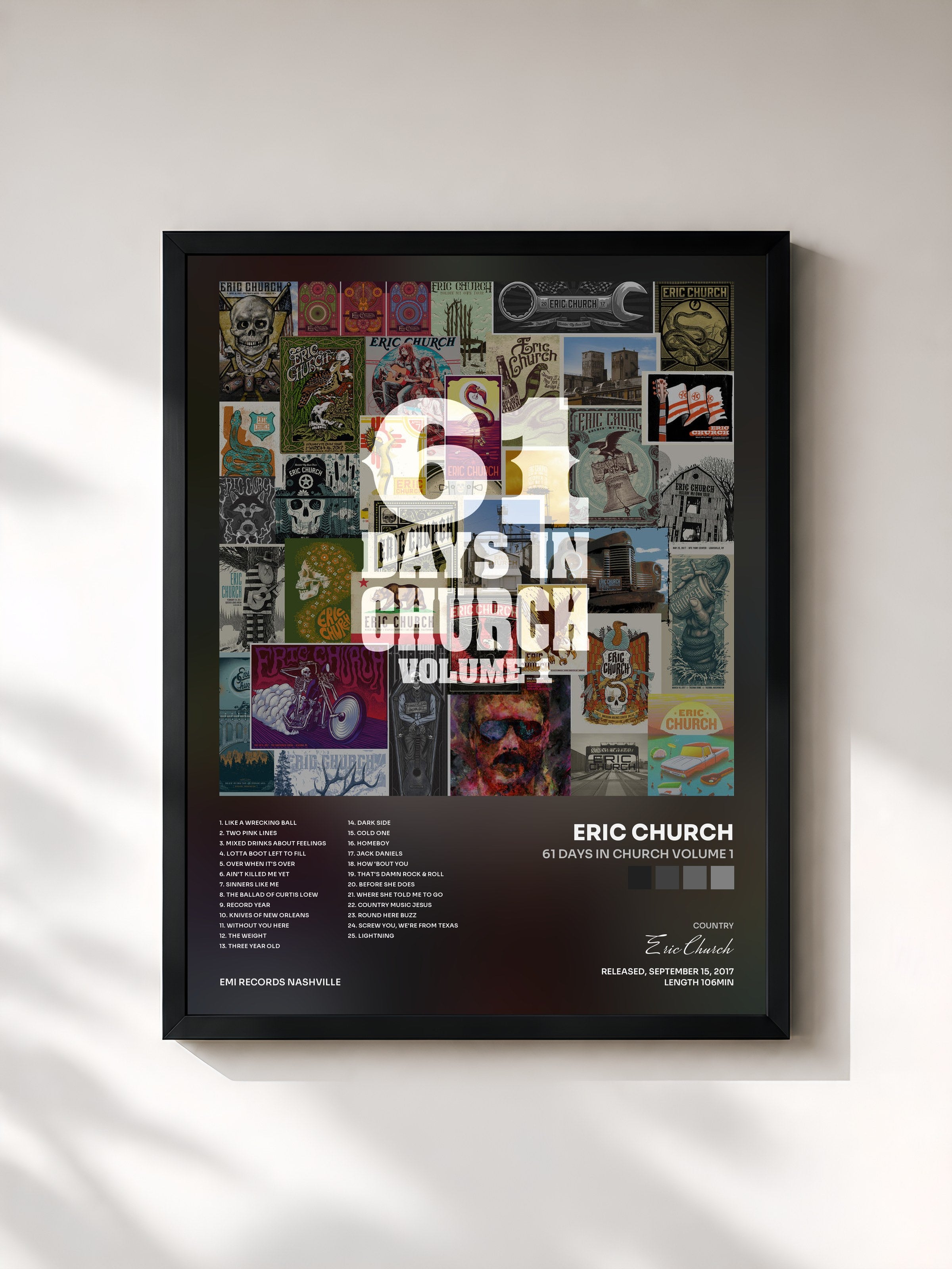 #noir Tableau de l'album 61 Days In Church Volume 1 de Eric Church, cadre noir, imprimé et encadré en France