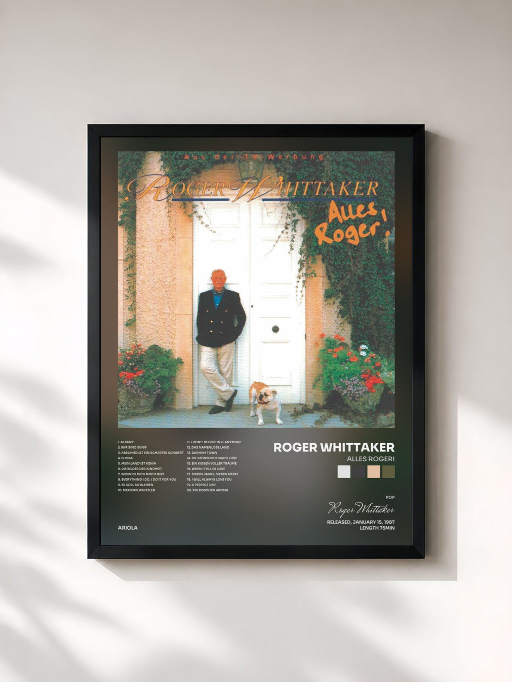 #noir Tableau de l'album Alles Roger! de Roger Whittaker, cadre noir, imprimé et encadré en France