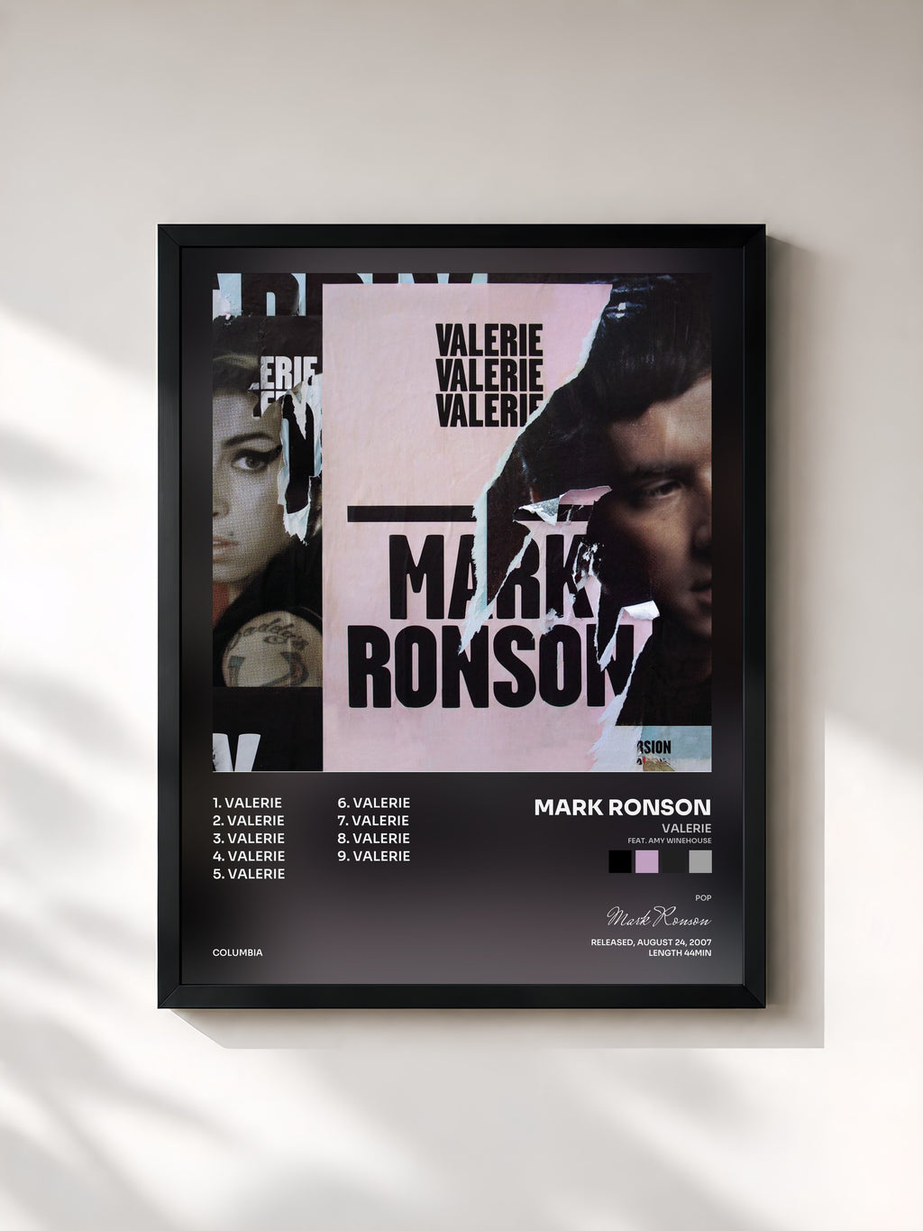 #noir Tableau de l'album Valerie (feat. Amy Winehouse) de Mark Ronson, cadre noir, imprimé et encadré en France