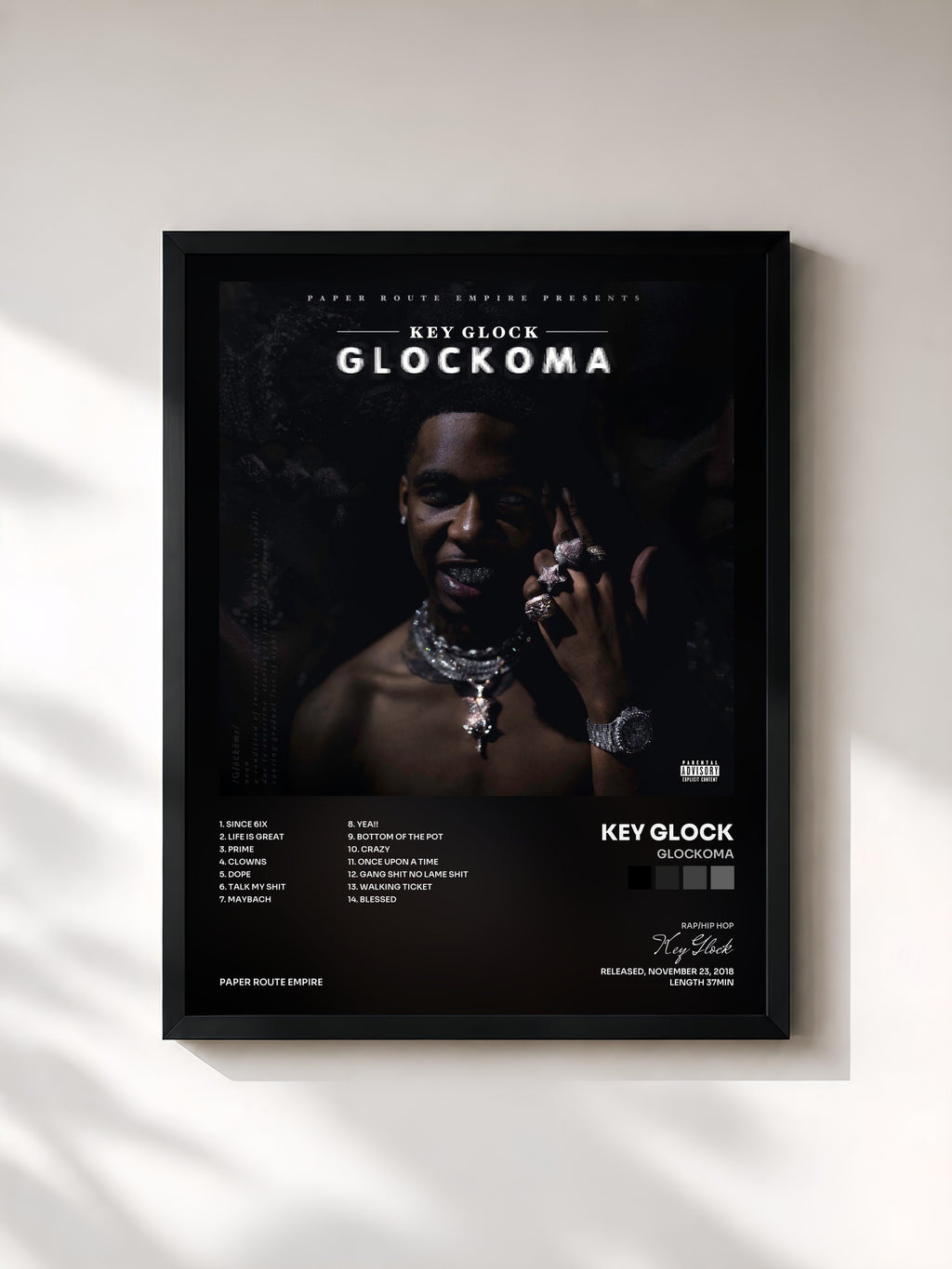 #noir Tableau de l'album Glockoma de Key Glock, cadre noir, imprimé et encadré en France