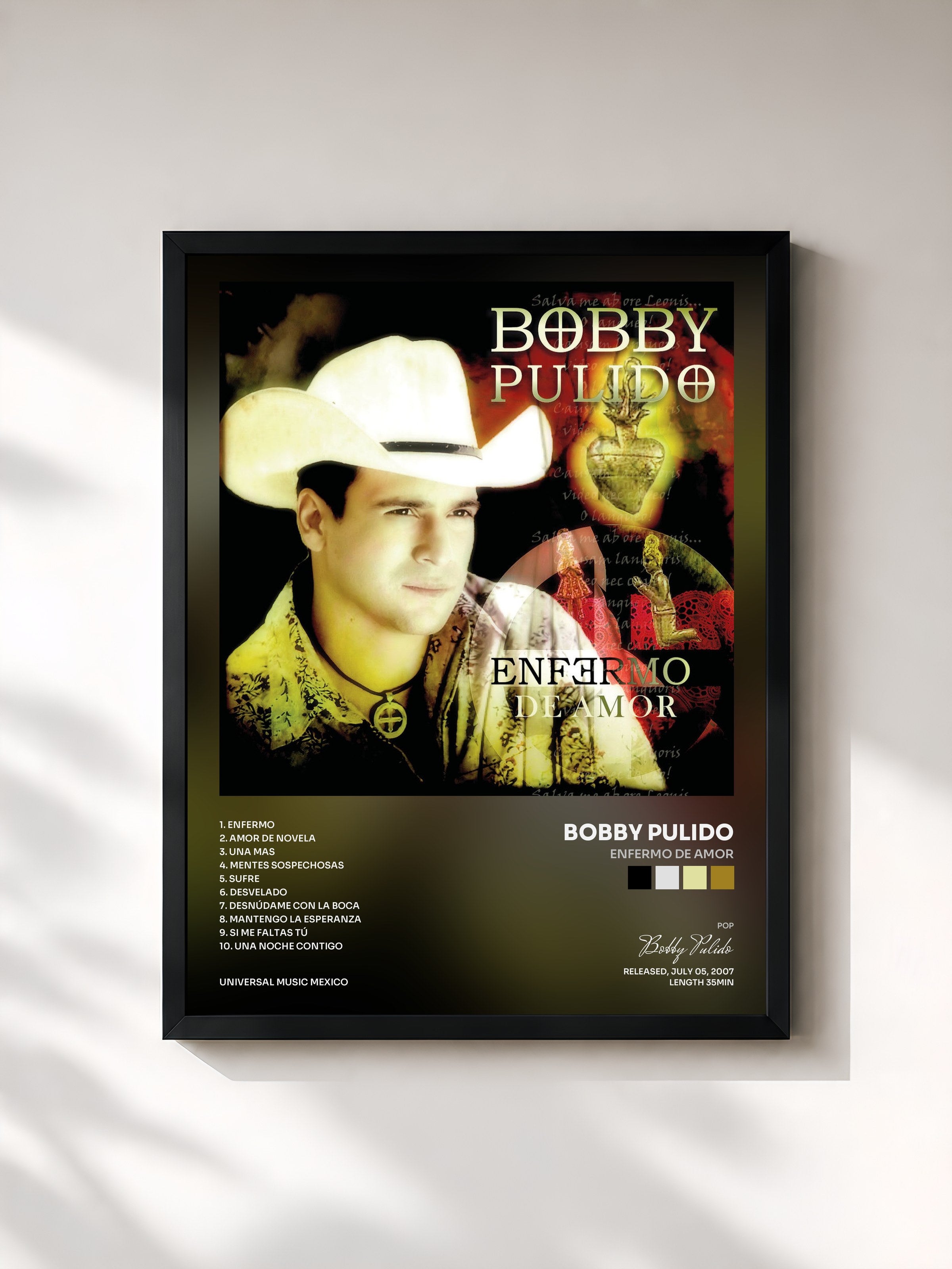 #noir Tableau de l'album Enfermo De Amor de Bobby Pulido, cadre noir, imprimé et encadré en France