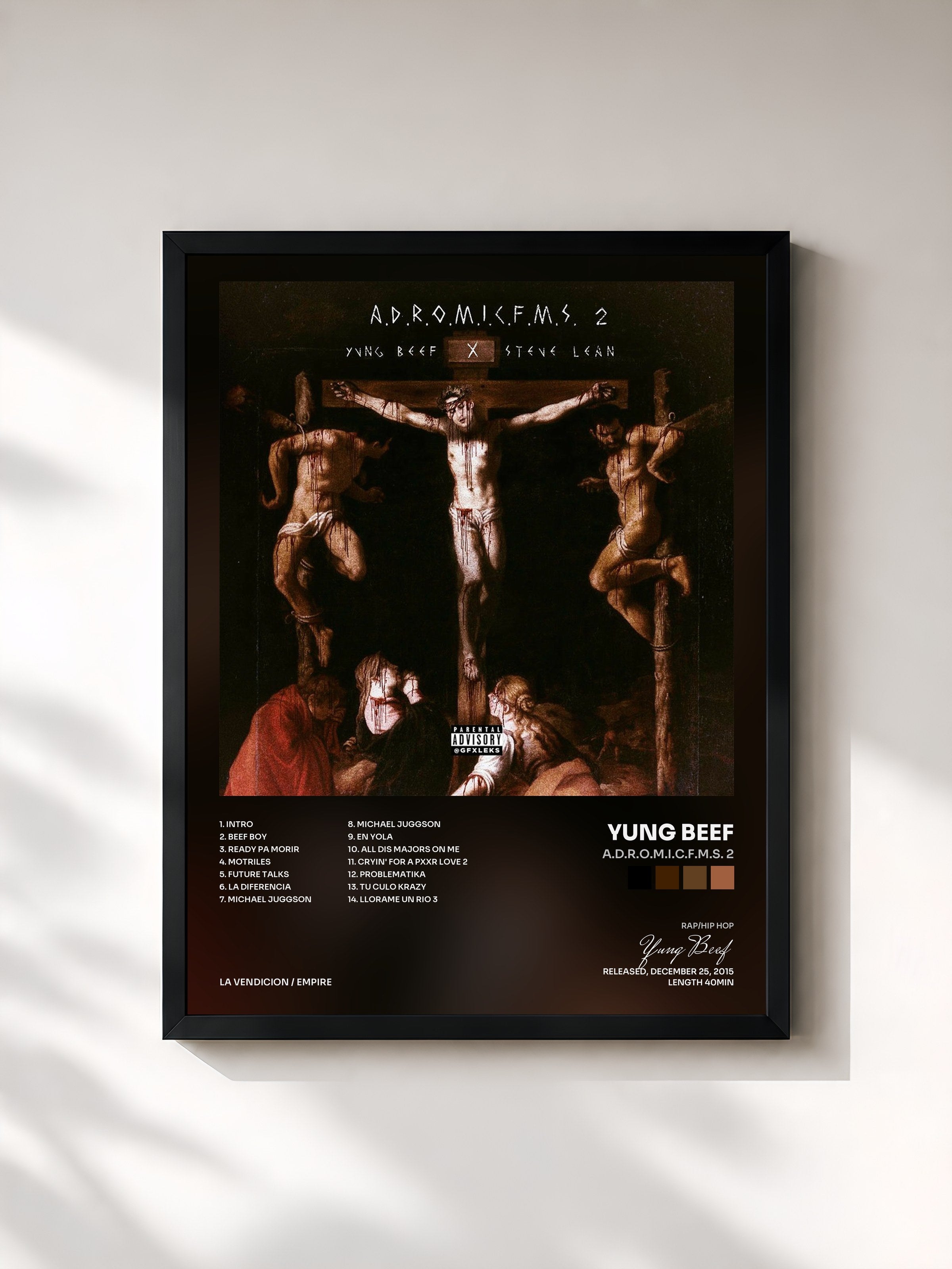 #noir Tableau de l'album A.D.R.O.M.I.C.F.M.S. 2 de Yung Beef, cadre noir, imprimé et encadré en France
