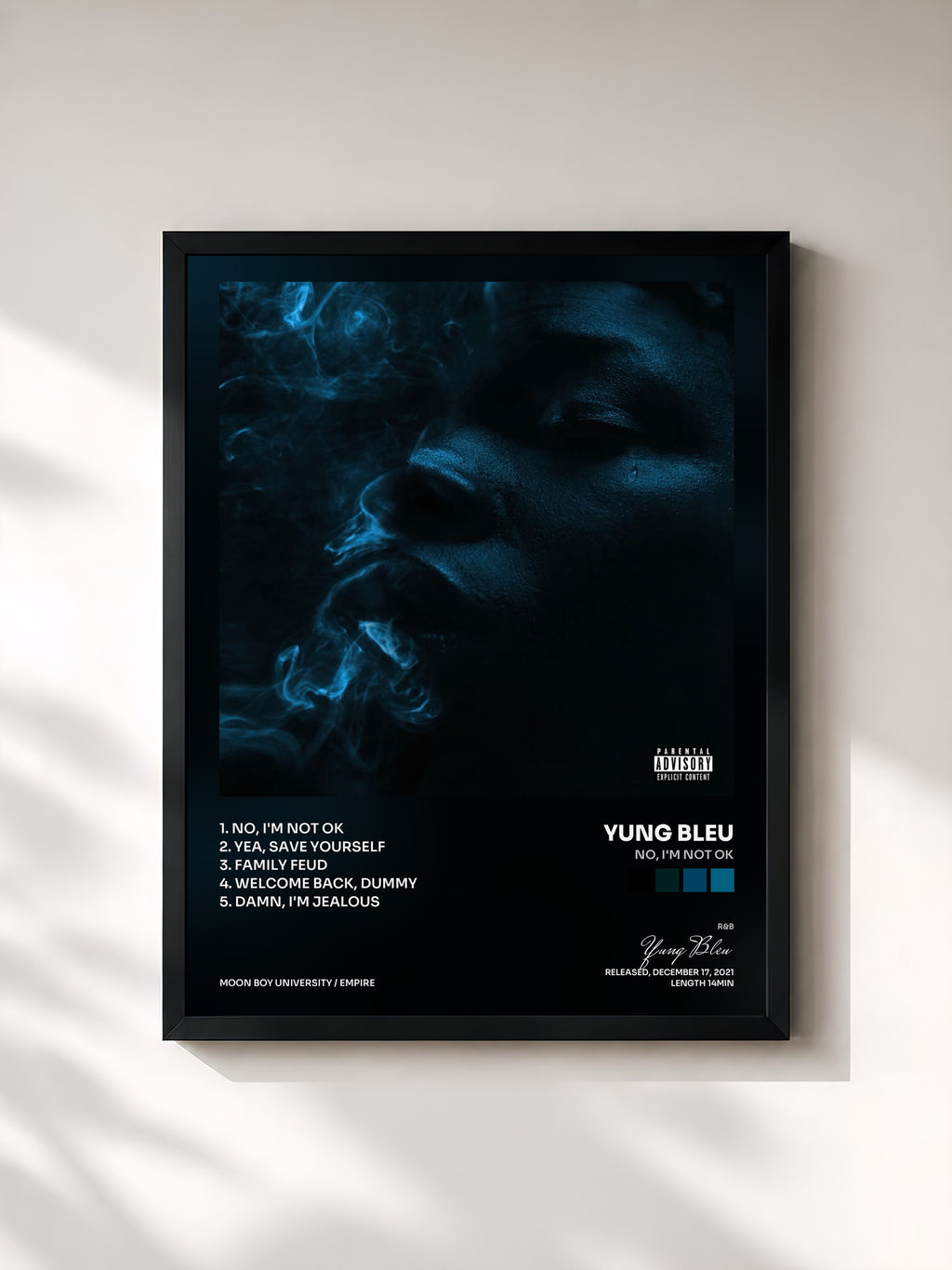 #noir Tableau de l'album No, I'm Not Ok de Yung Bleu, cadre noir, imprimé et encadré en France