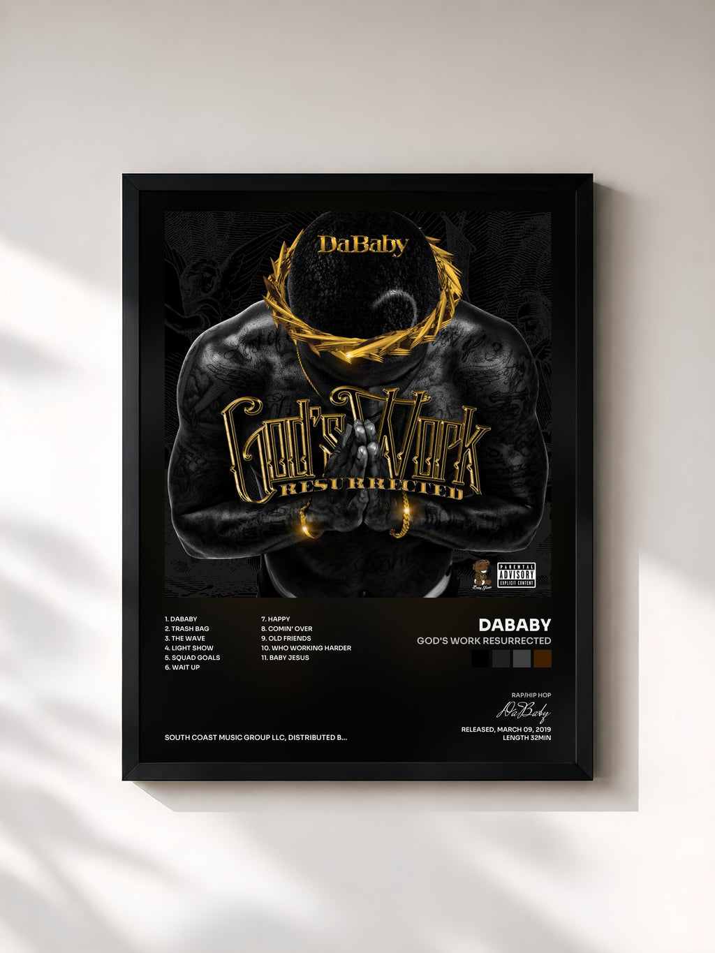 #noir Tableau de l'album God's Work Resurrected de DaBaby, cadre noir, imprimé et encadré en France