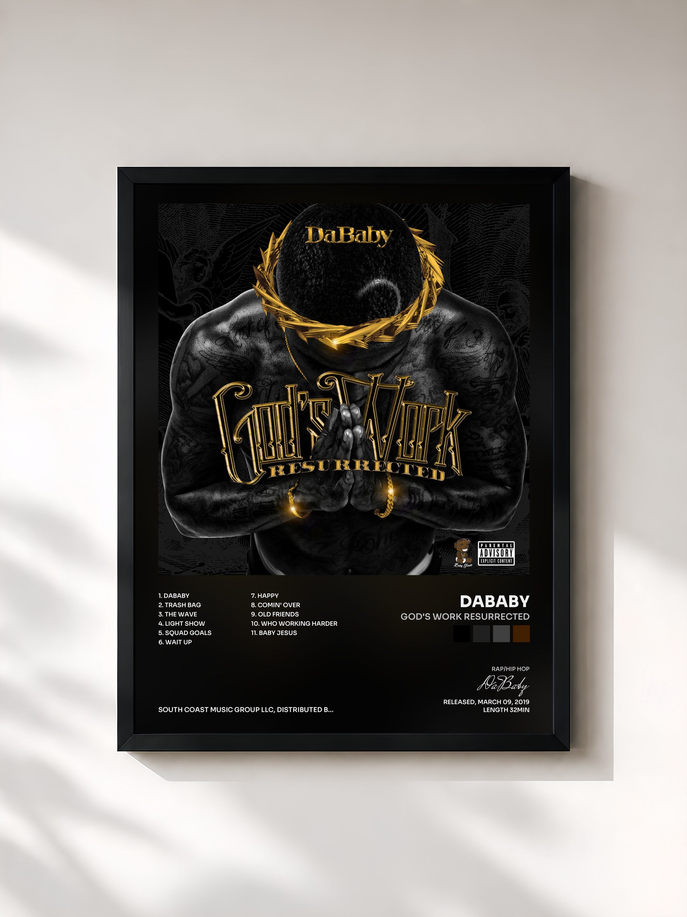 #noir Tableau de l'album God's Work Resurrected de DaBaby, cadre noir, imprimé et encadré en France