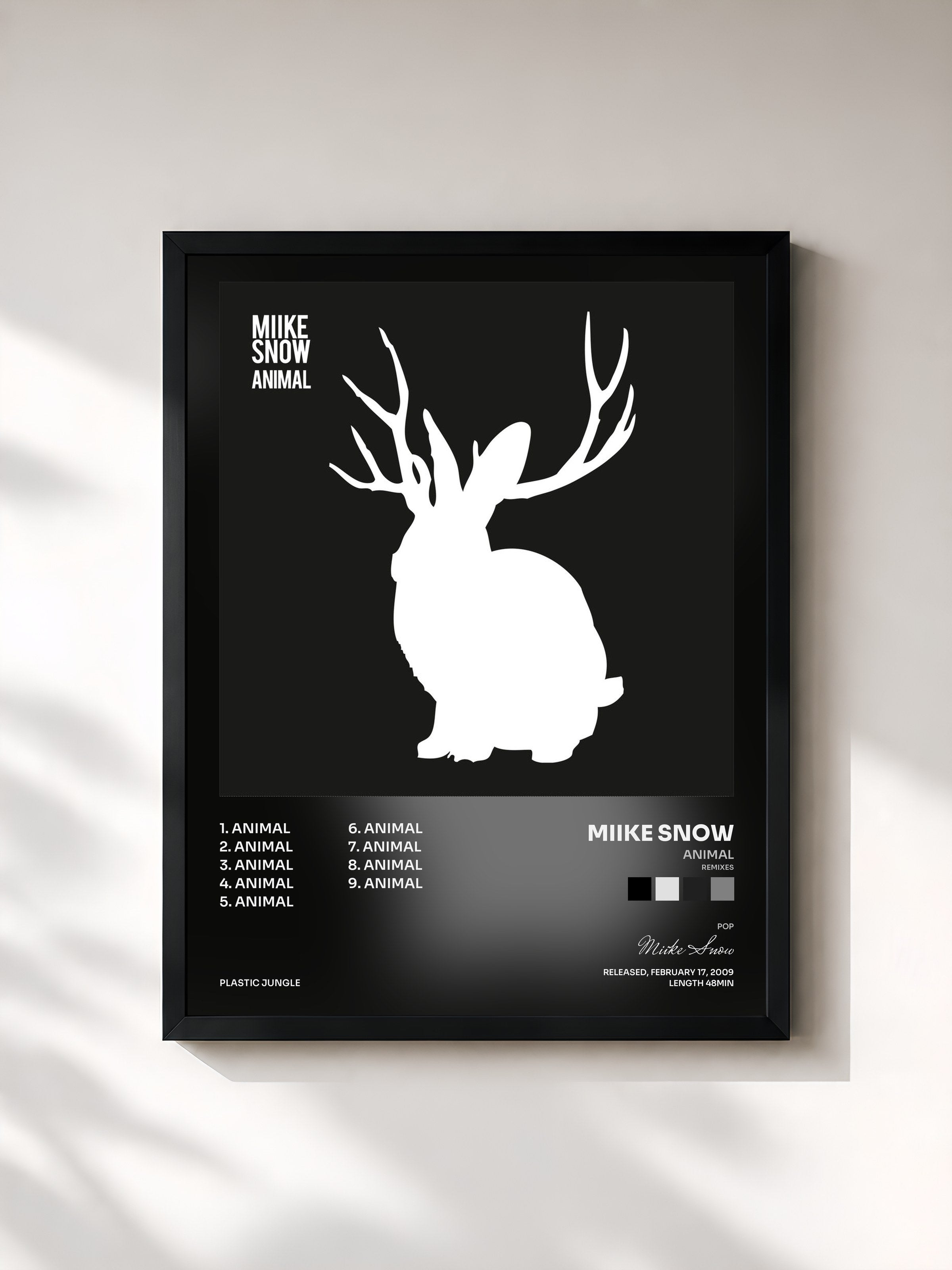 #noir Tableau de l'album Animal (Remixes) de Miike Snow, cadre noir, imprimé et encadré en France