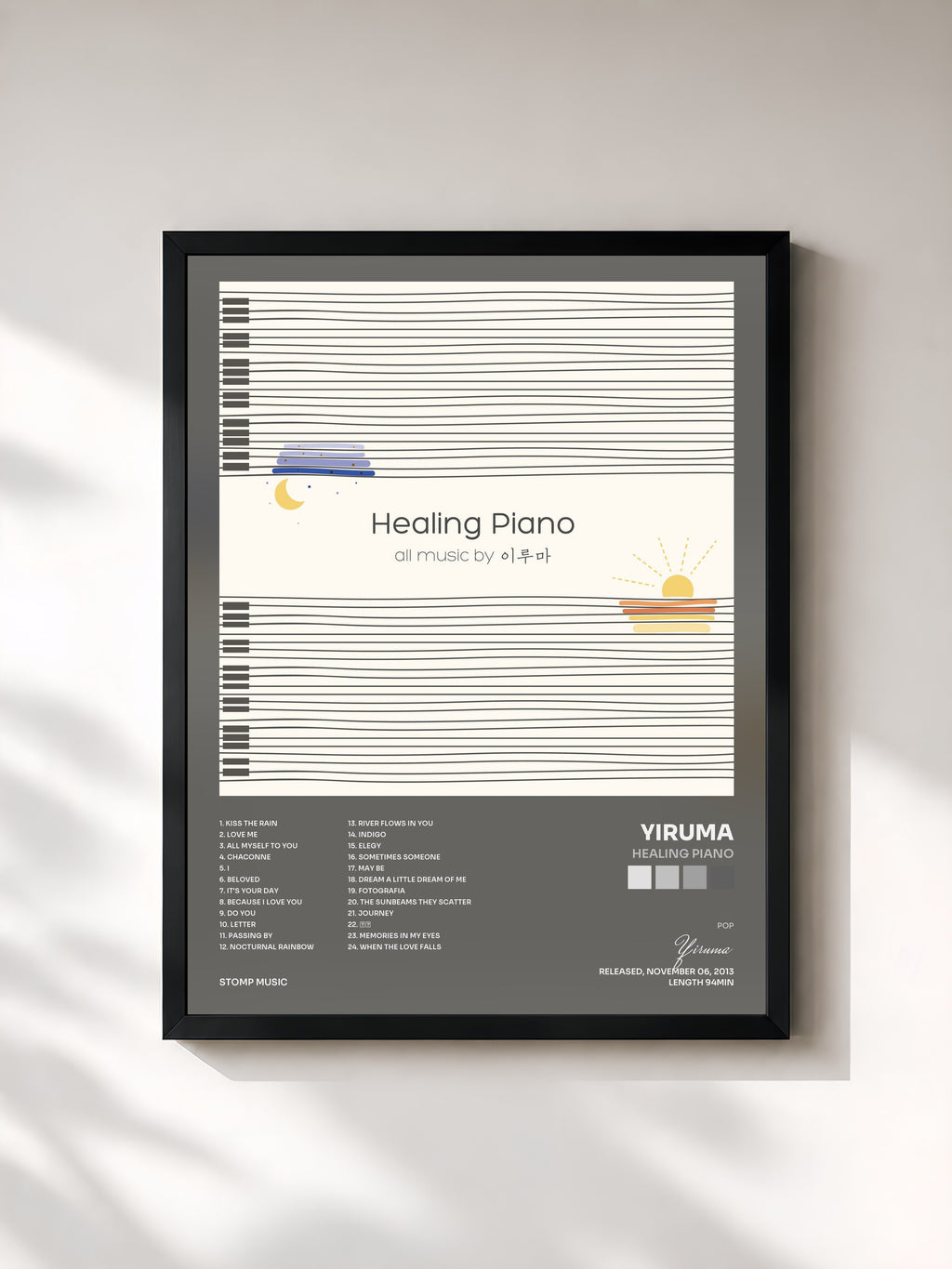#noir Tableau de l'album Healing Piano de Yiruma, cadre noir, imprimé et encadré en France