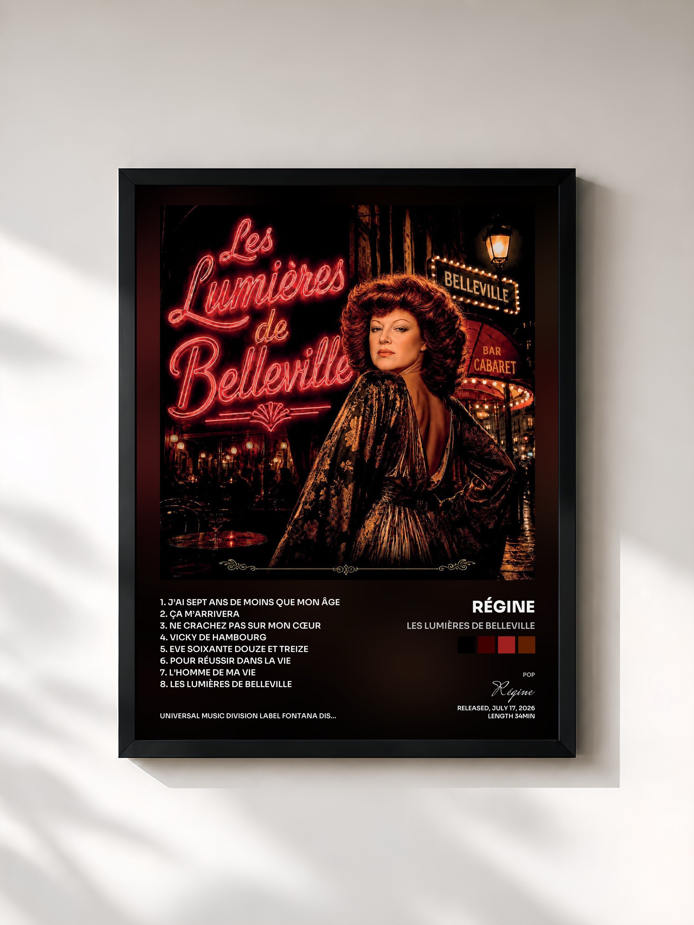 #noir Tableau de l'album Les lumières de Belleville de Régine, cadre noir, imprimé et encadré en France