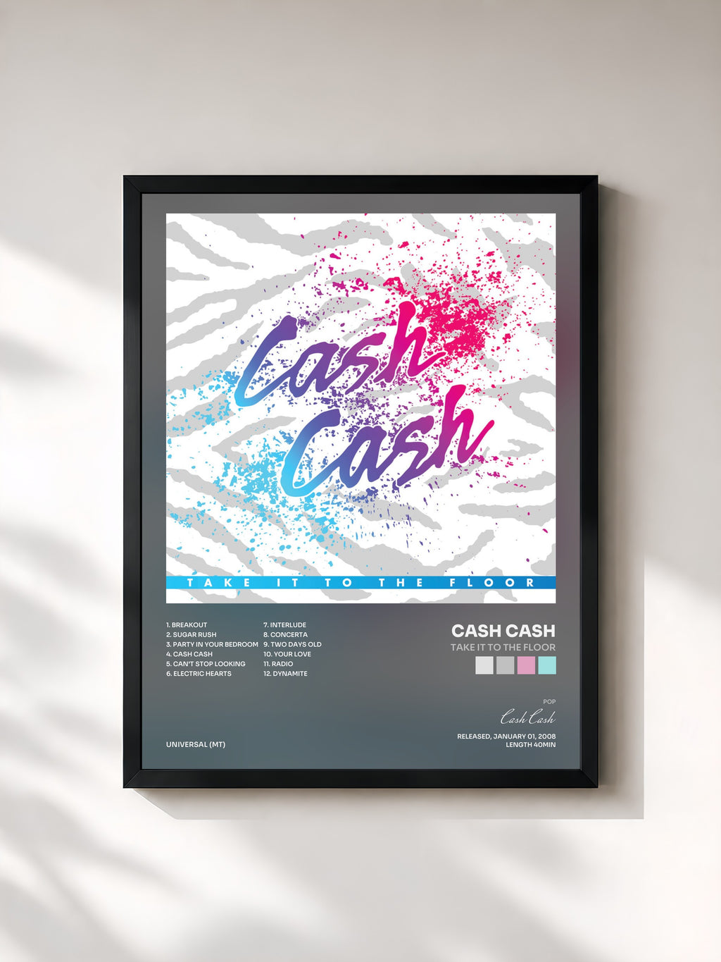 #noir Tableau de l'album Take It To The Floor de Cash Cash, cadre noir, imprimé et encadré en France
