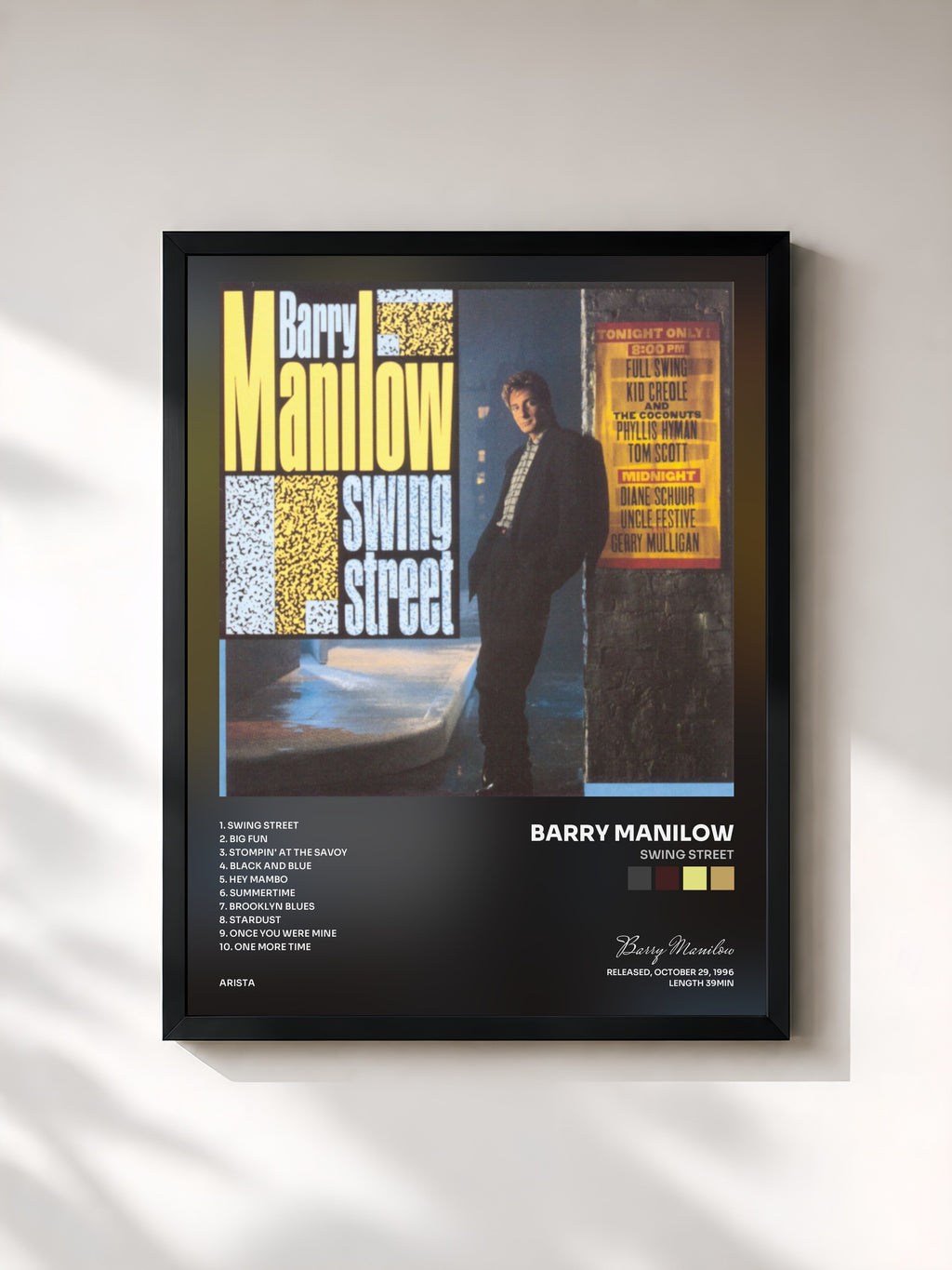 #noir Tableau de l'album Swing Street de Barry Manilow, cadre noir, imprimé et encadré en France