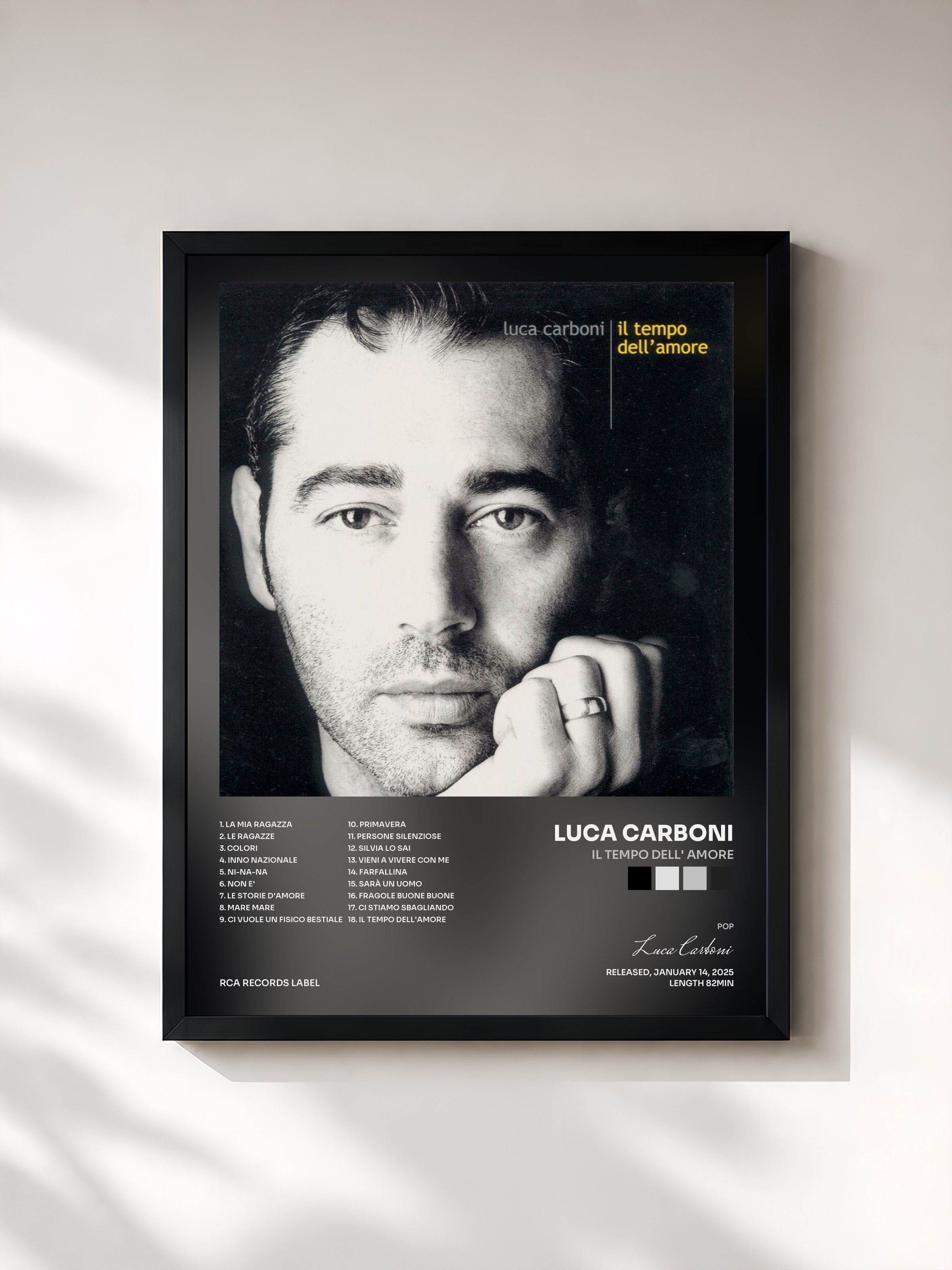 #noir Tableau de l'album Il Tempo Dell' Amore de Luca Carboni, cadre noir, imprimé et encadré en France