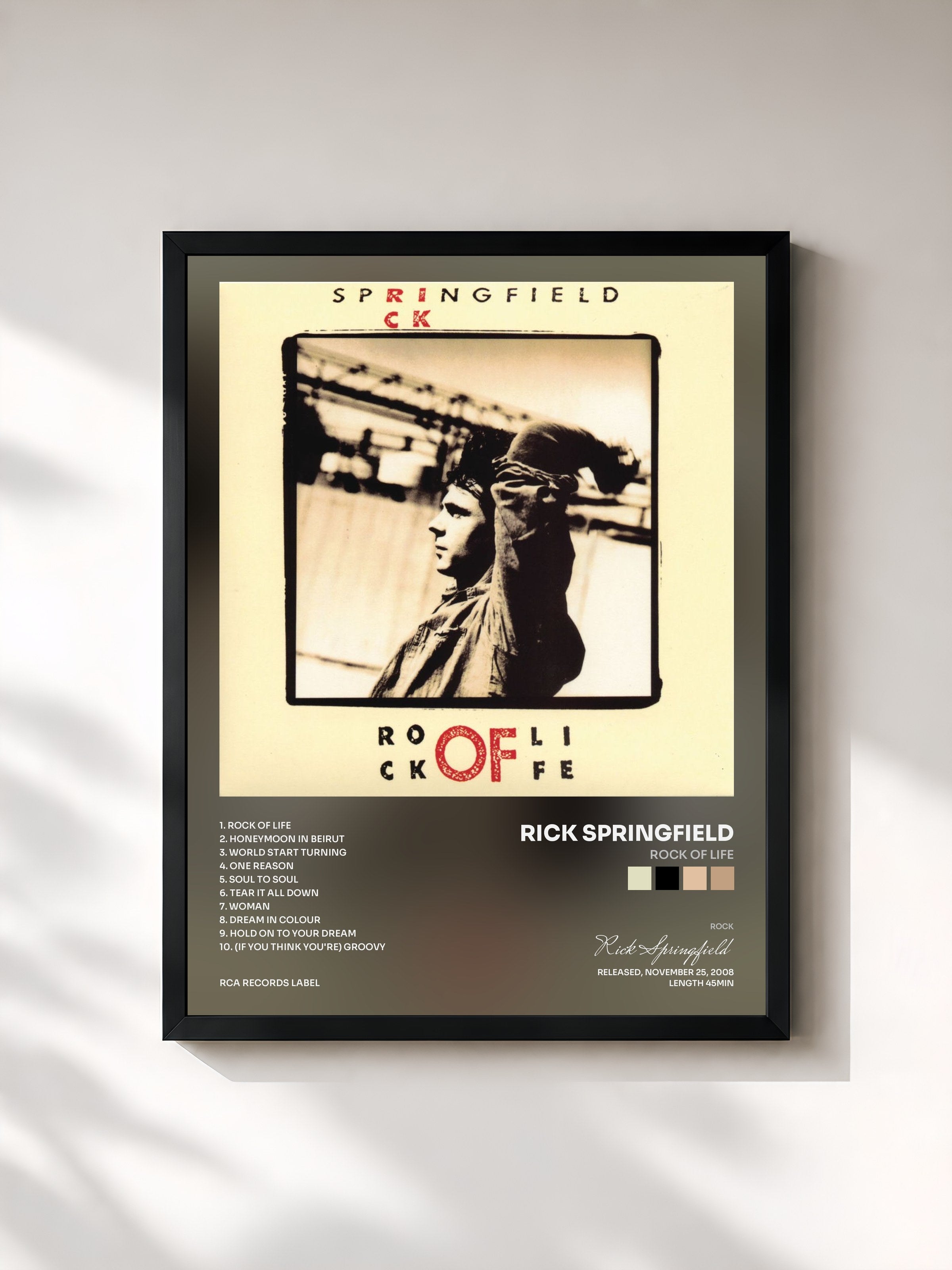 #noir Tableau de l'album Rock of Life de Rick Springfield, cadre noir, imprimé et encadré en France