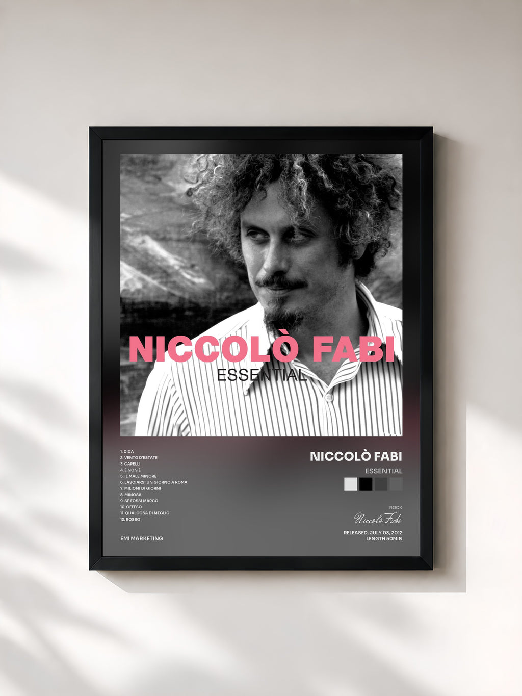 #noir Tableau de l'album Essential de Niccolò Fabi, cadre noir, imprimé et encadré en France