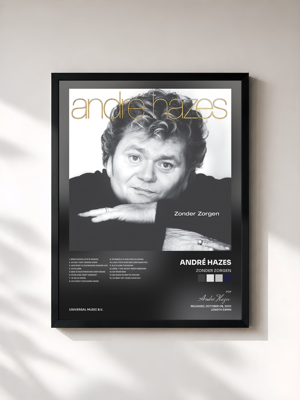 #noir Tableau de l'album Zonder Zorgen de André Hazes, cadre noir, imprimé et encadré en France