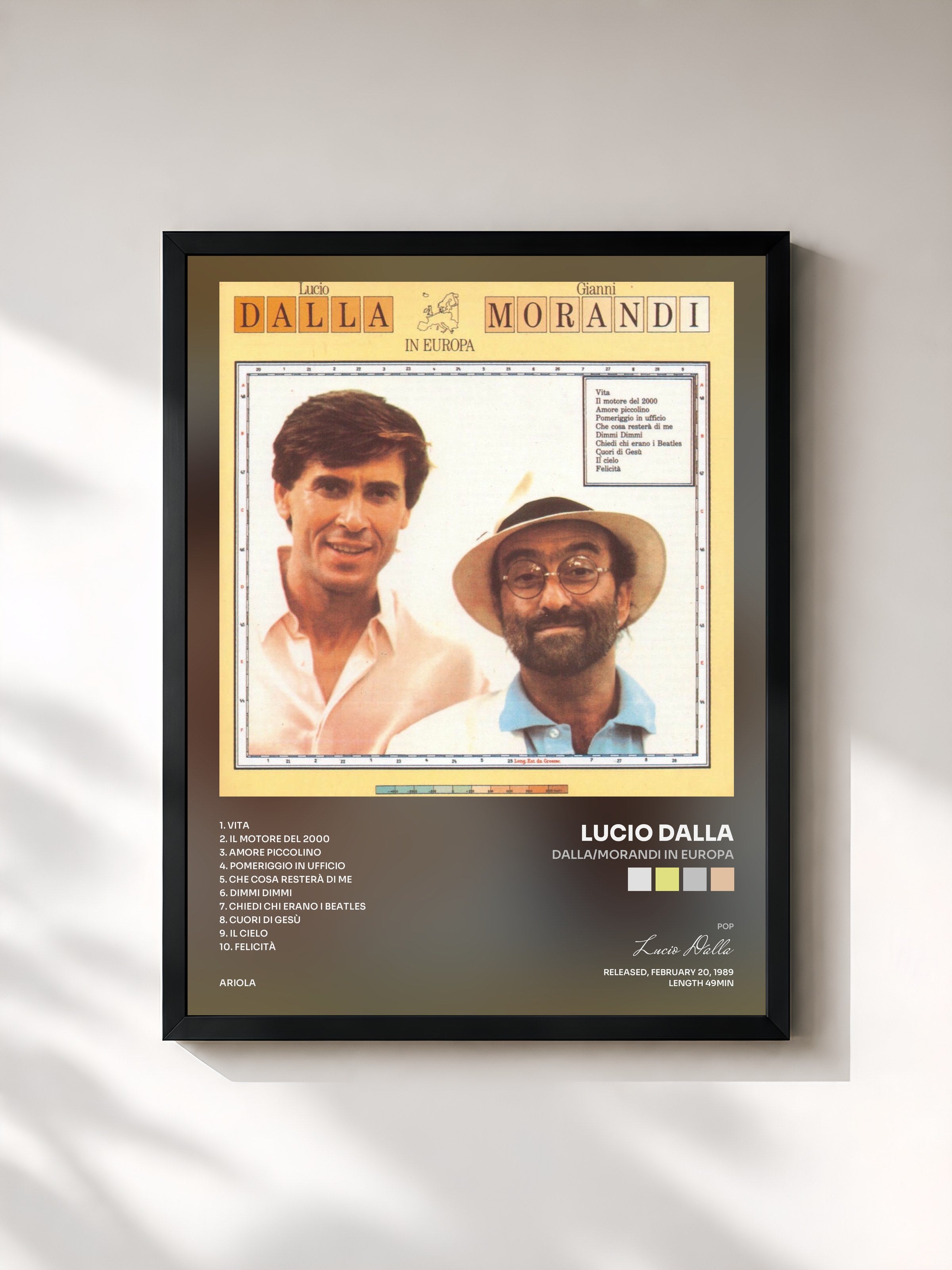 #noir Tableau de l'album Dalla/Morandi In Europa de Lucio Dalla, cadre noir, imprimé et encadré en France