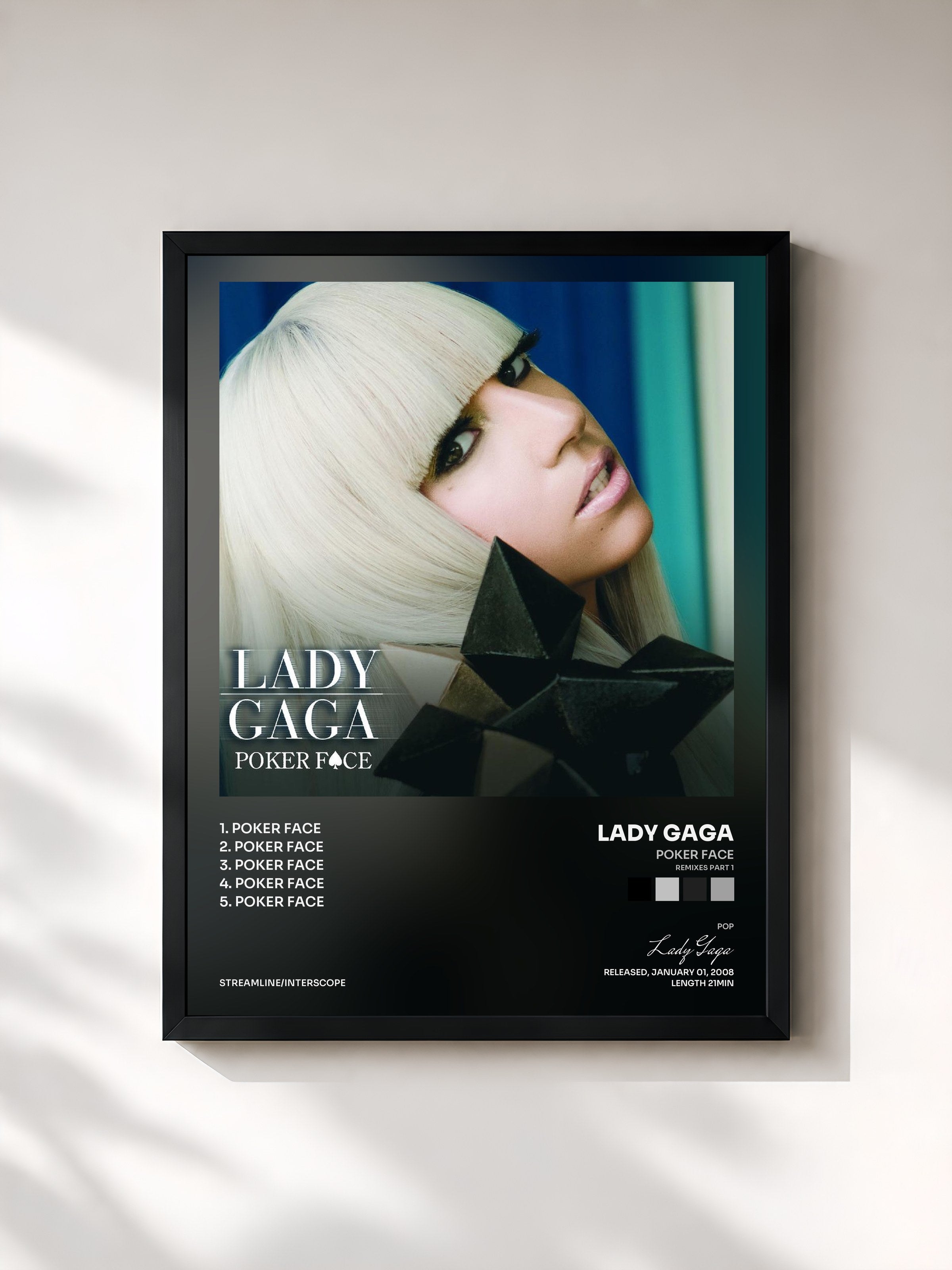 #noir Tableau de l'album Poker Face (Remixes Part 1) de Lady Gaga, cadre noir, imprimé et encadré en France