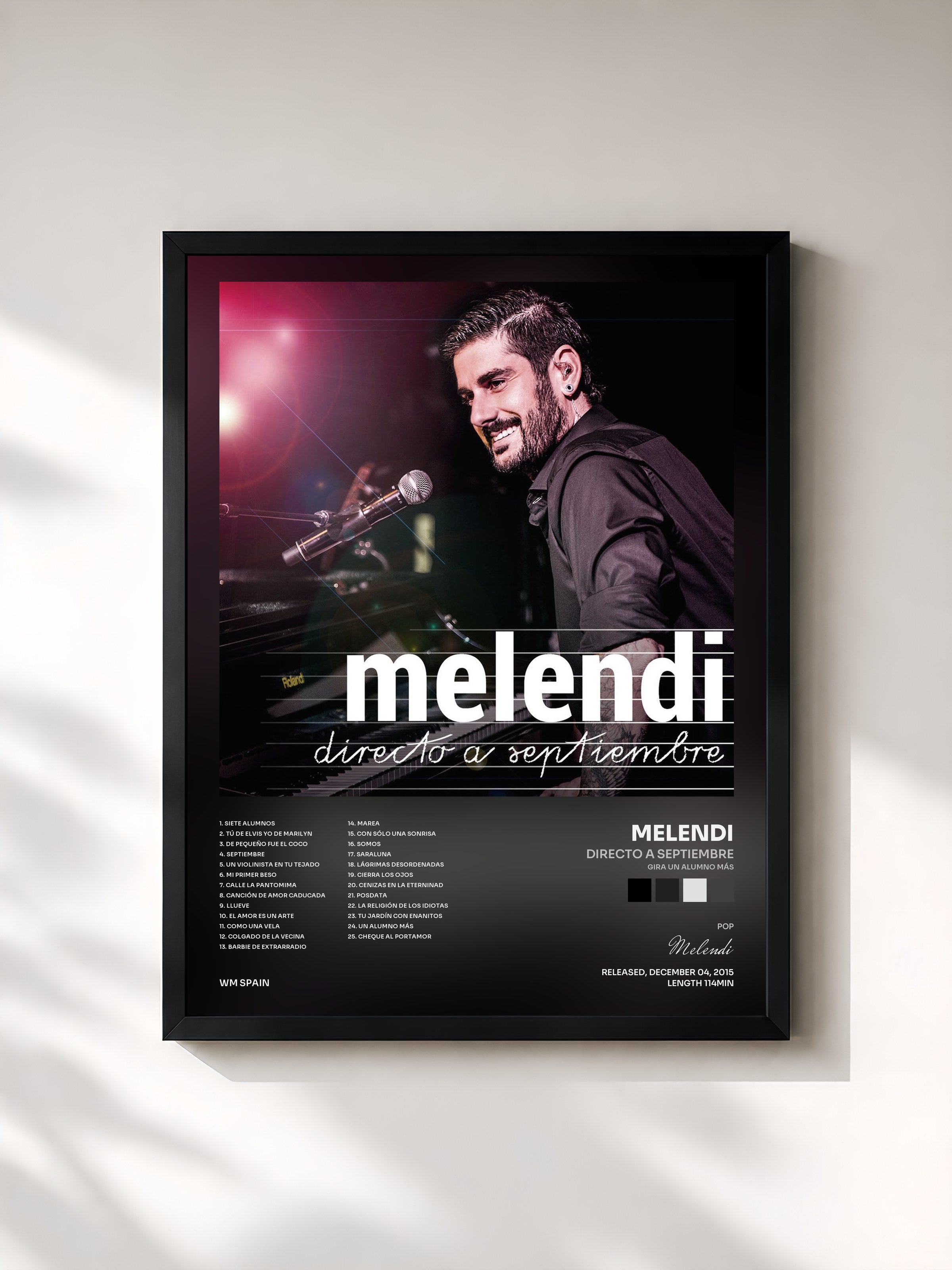 #noir Tableau de l'album Directo a Septiembre (Gira Un Alumno Más) de Melendi, cadre noir, imprimé et encadré en France