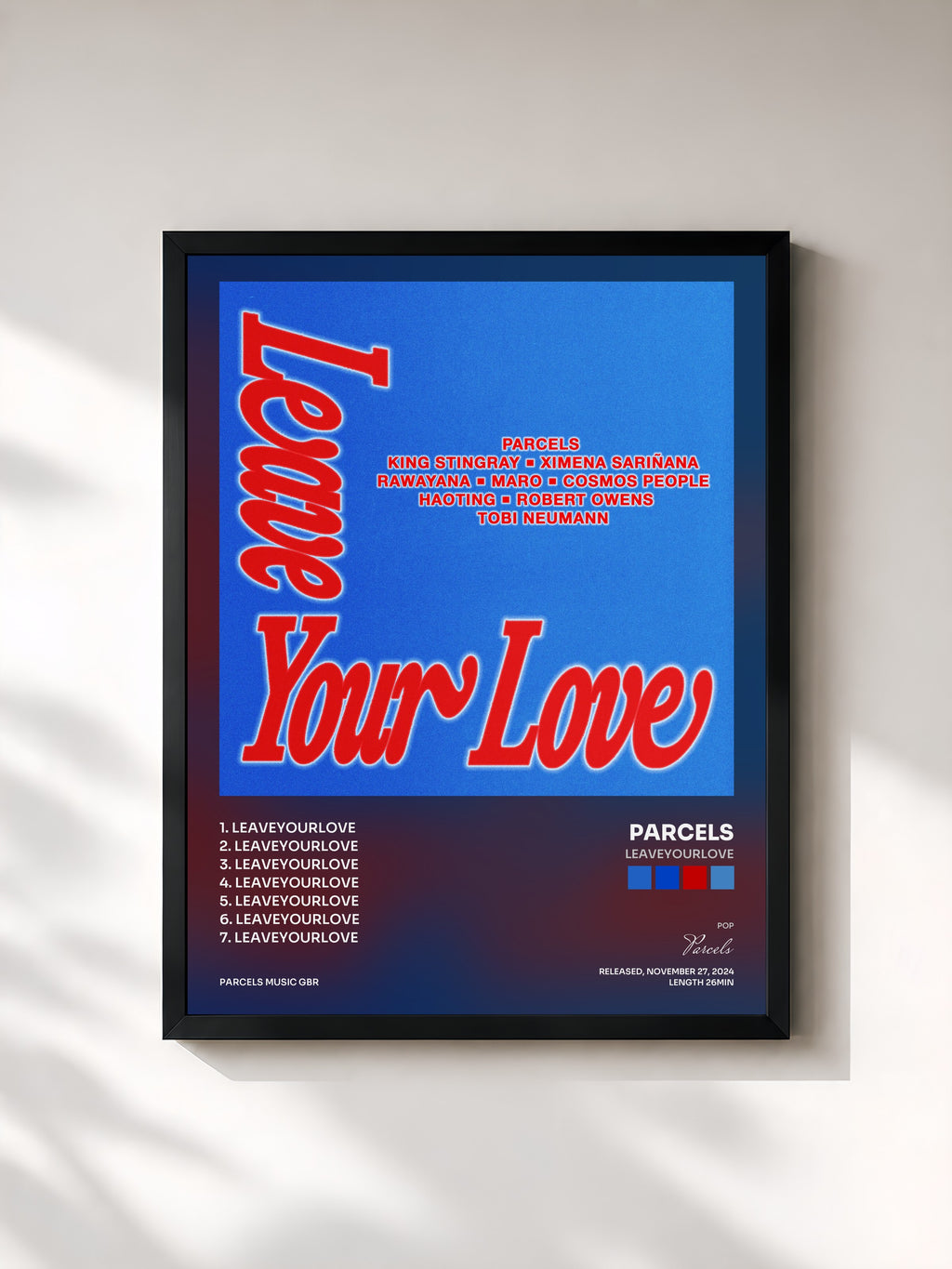 #noir Tableau de l'album Leaveyourlove de Parcels, cadre noir, imprimé et encadré en France