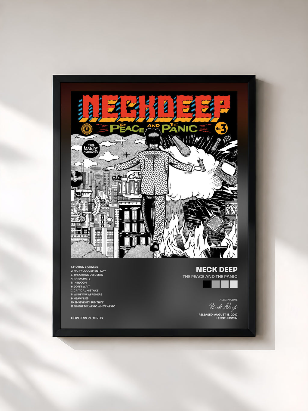 #noir Tableau de l'album The Peace And The Panic de Neck Deep, cadre noir, imprimé et encadré en France