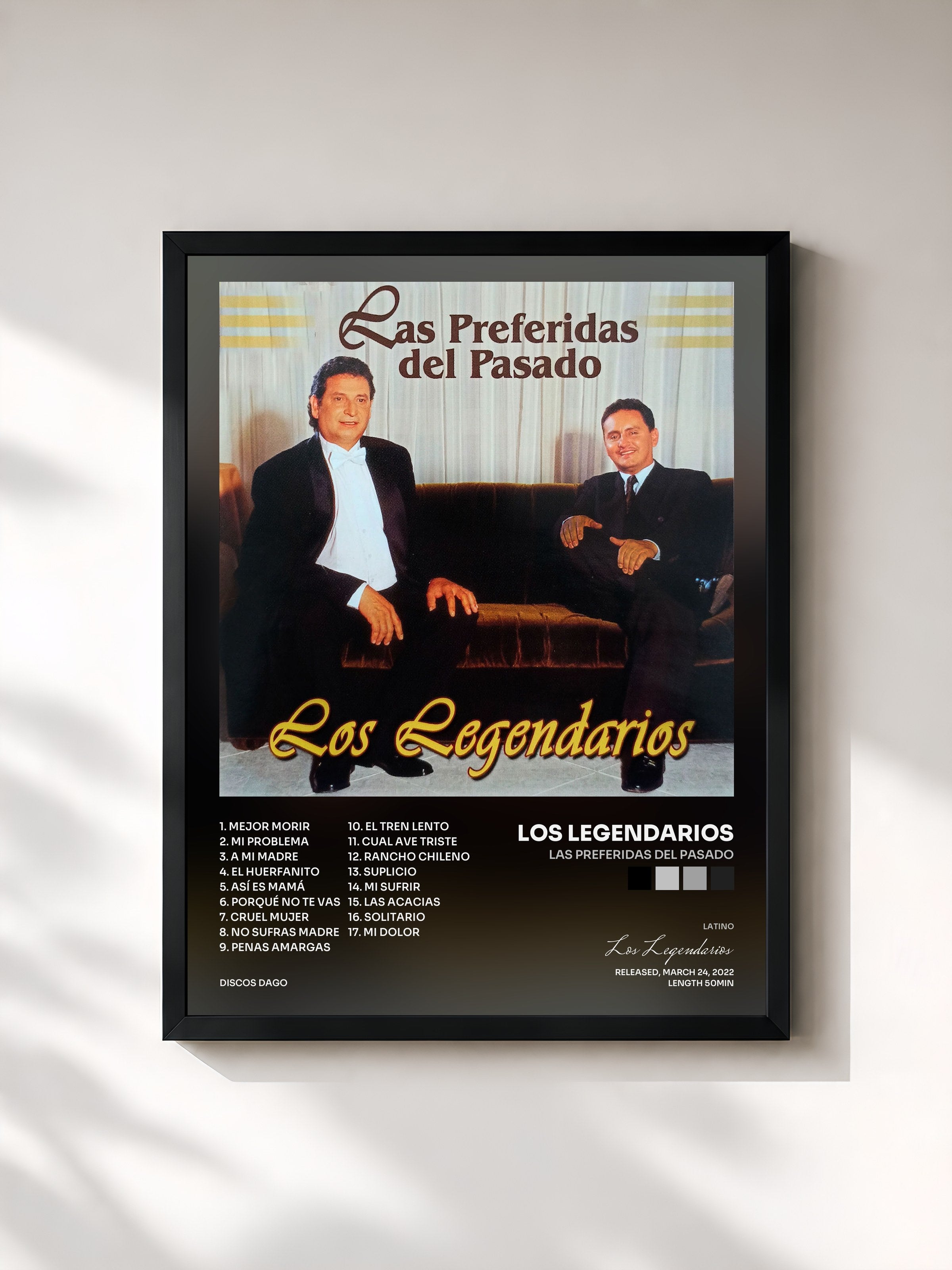 #noir Tableau de l'album Las Preferidas del Pasado de Los Legendarios, cadre noir, imprimé et encadré en France