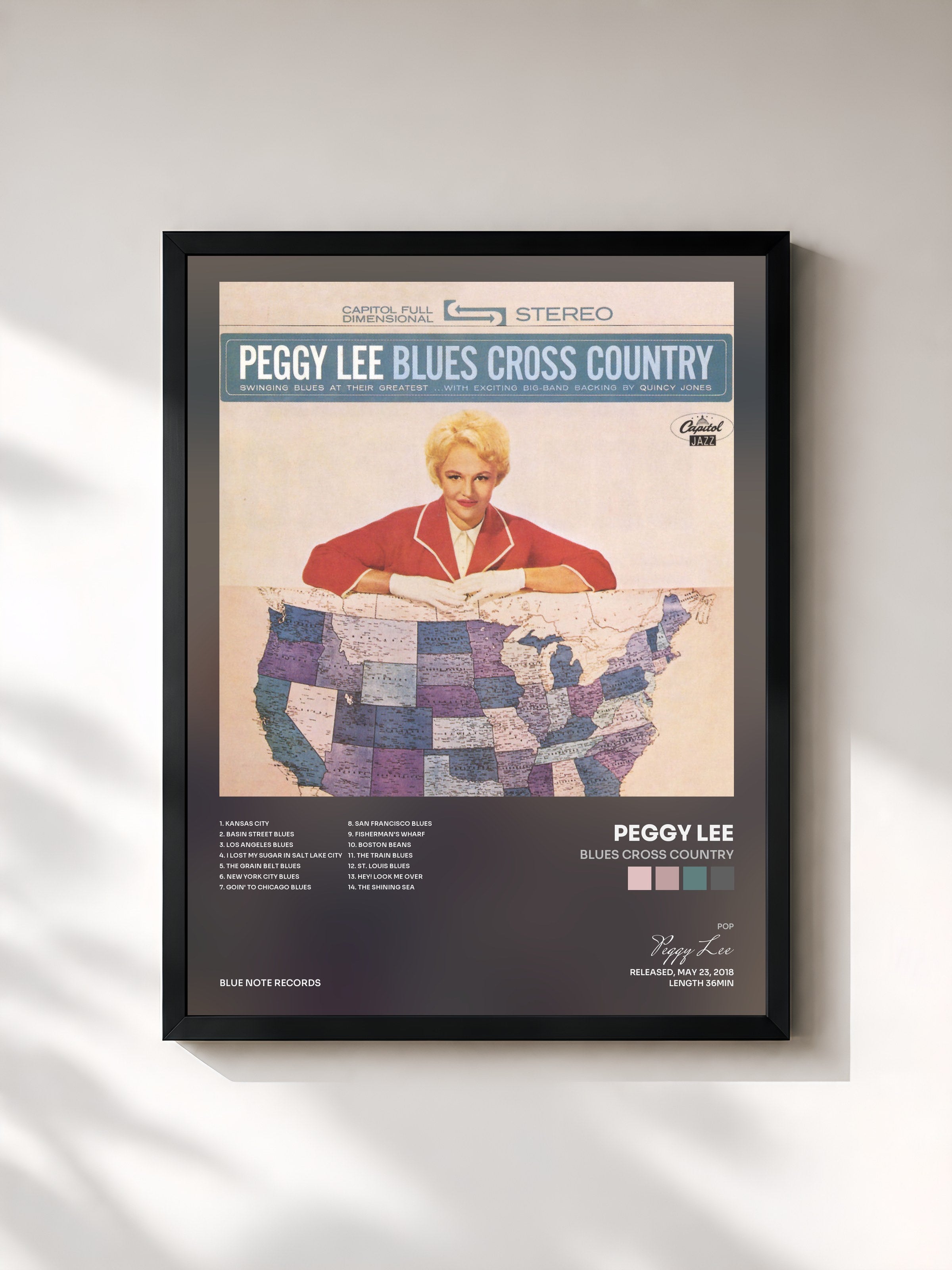 #noir Tableau de l'album Blues Cross Country de Peggy Lee, cadre noir, imprimé et encadré en France