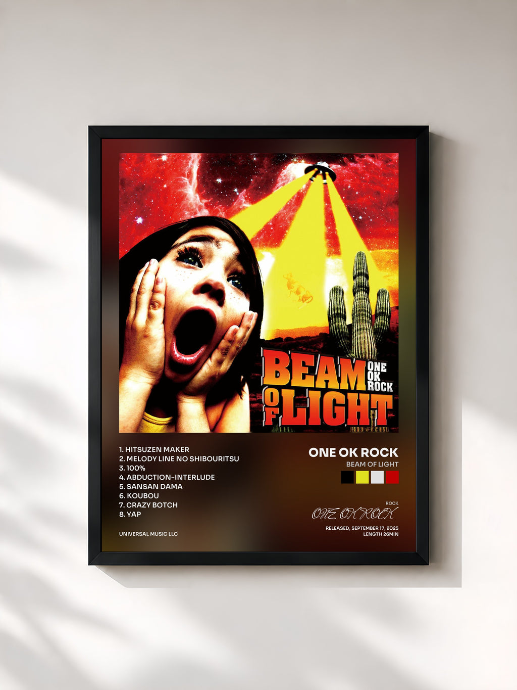 #noir Tableau de l'album BEAM OF LIGHT de ONE OK ROCK, cadre noir, imprimé et encadré en France