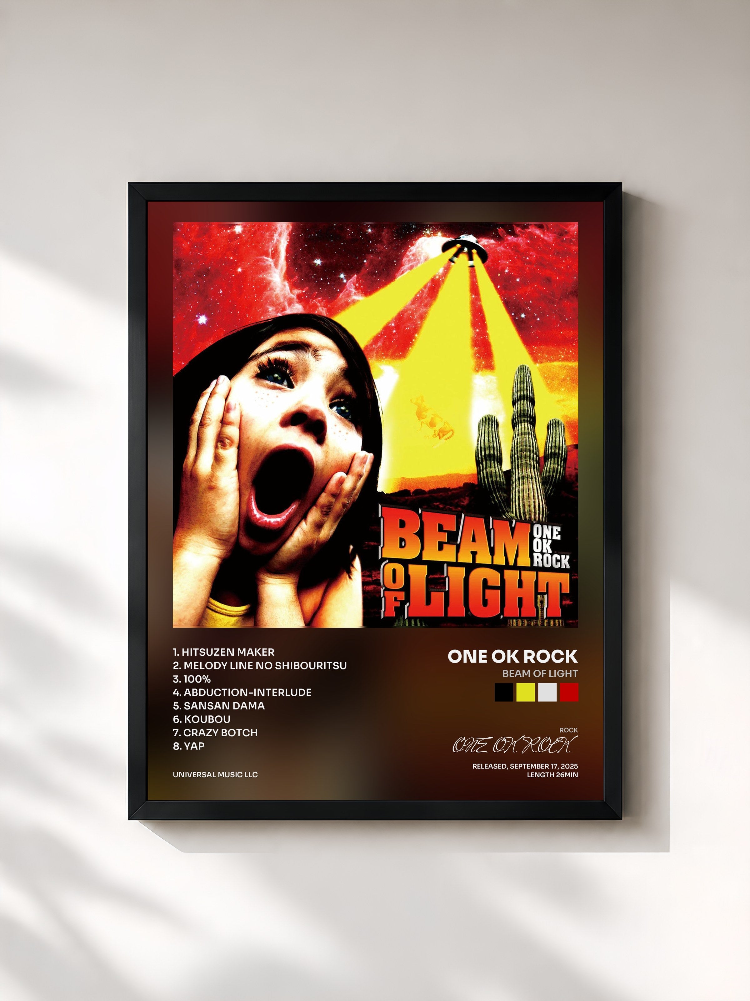 #noir Tableau de l'album BEAM OF LIGHT de ONE OK ROCK, cadre noir, imprimé et encadré en France
