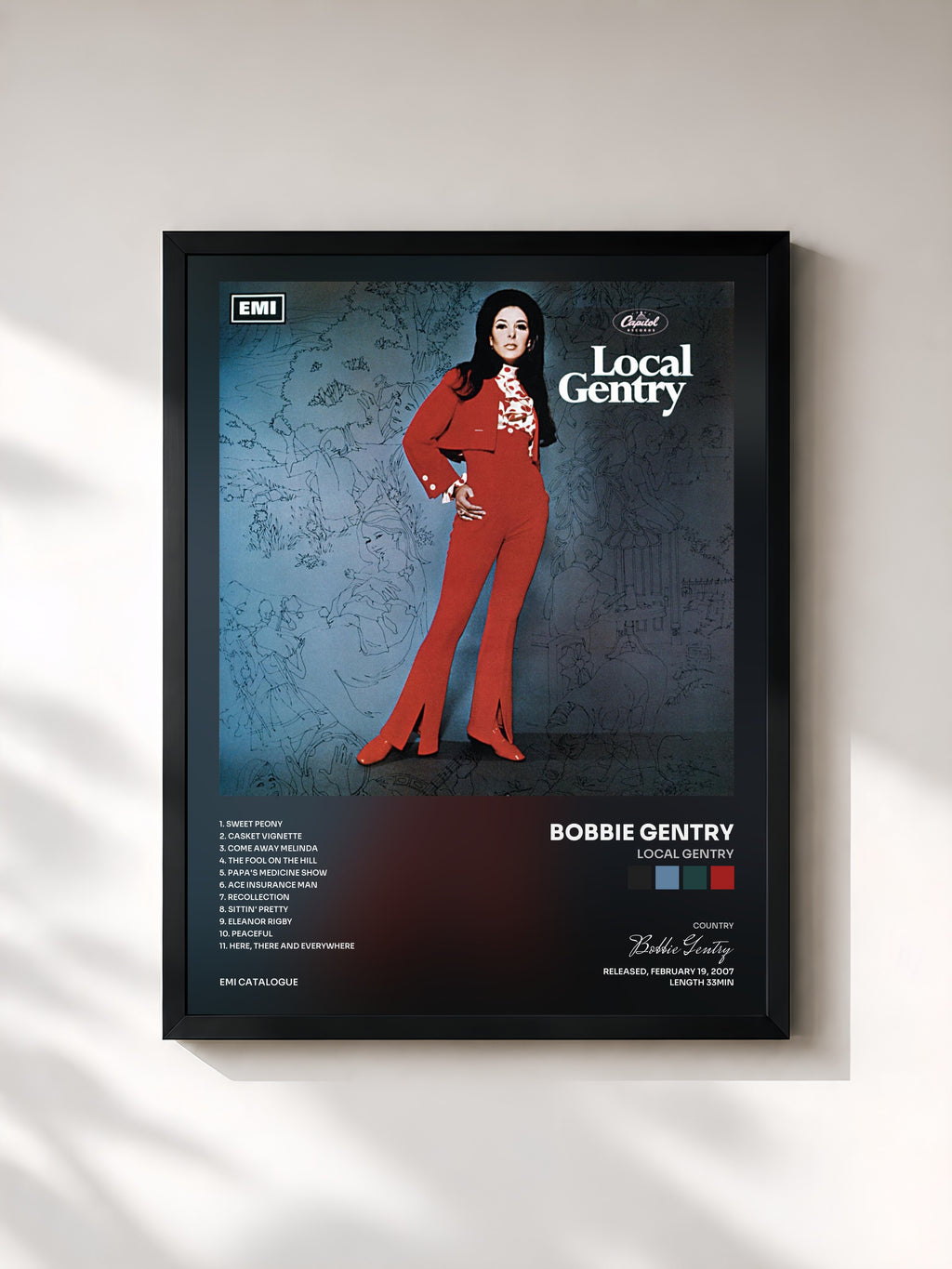 #noir Tableau de l'album Local Gentry de Bobbie Gentry, cadre noir, imprimé et encadré en France