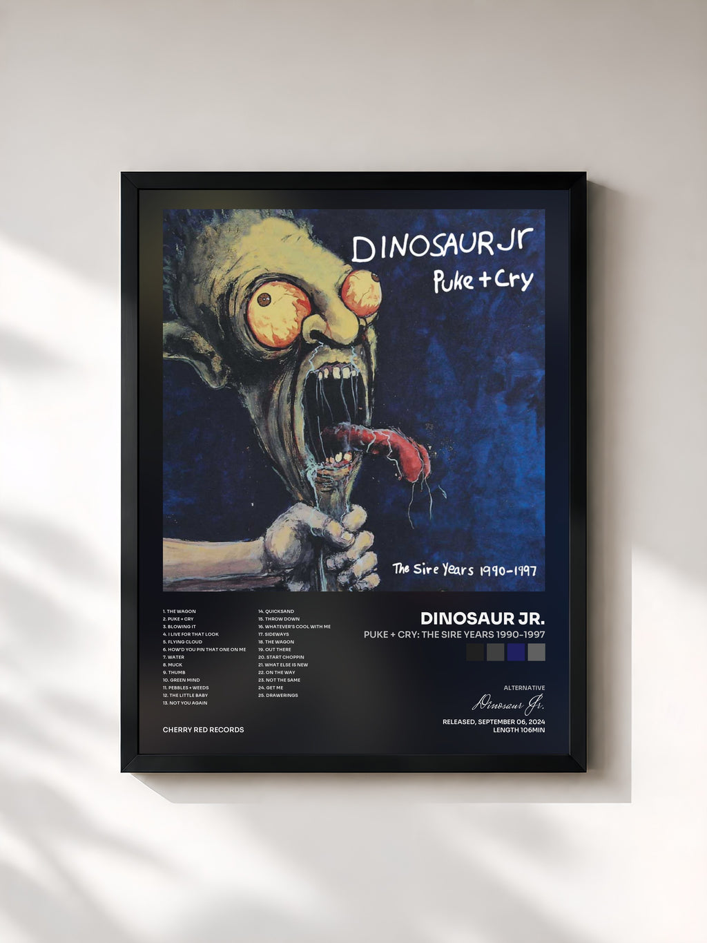 #noir Tableau de l'album Puke + Cry: The Sire Years 1990-1997 de Dinosaur Jr., cadre noir, imprimé et encadré en France