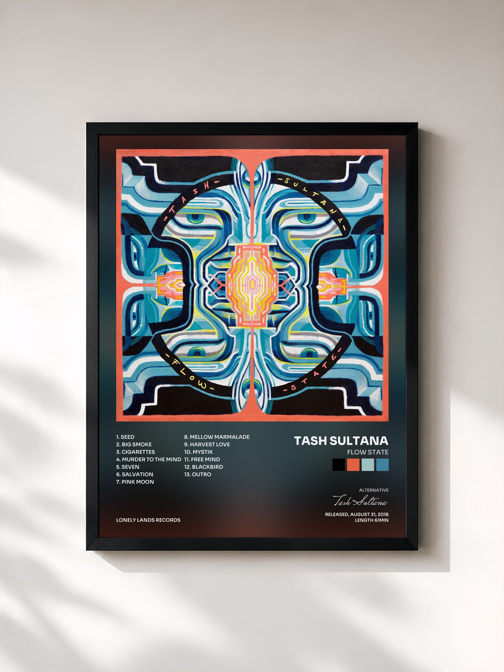 #noir Tableau de l'album Flow State de Tash Sultana, cadre noir, imprimé et encadré en France