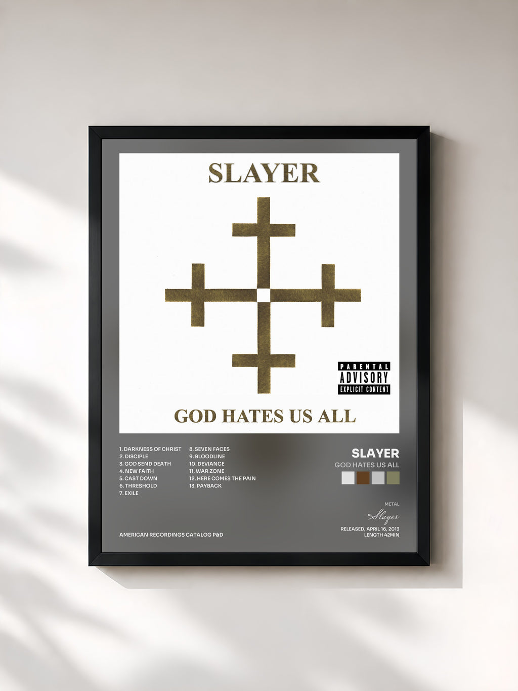#noir Tableau de l'album God Hates Us All de Slayer, cadre noir, imprimé et encadré en France