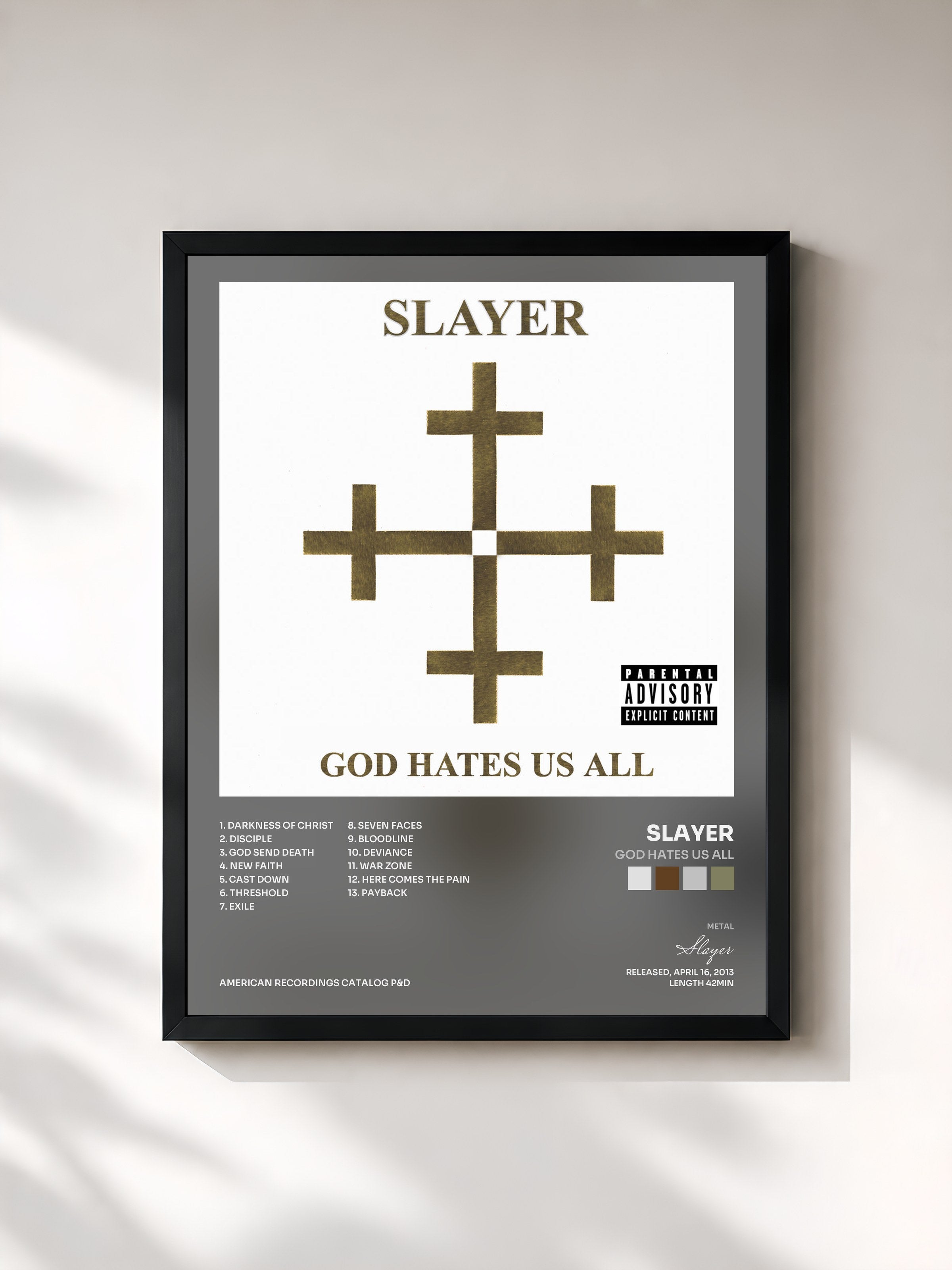 #noir Tableau de l'album God Hates Us All de Slayer, cadre noir, imprimé et encadré en France