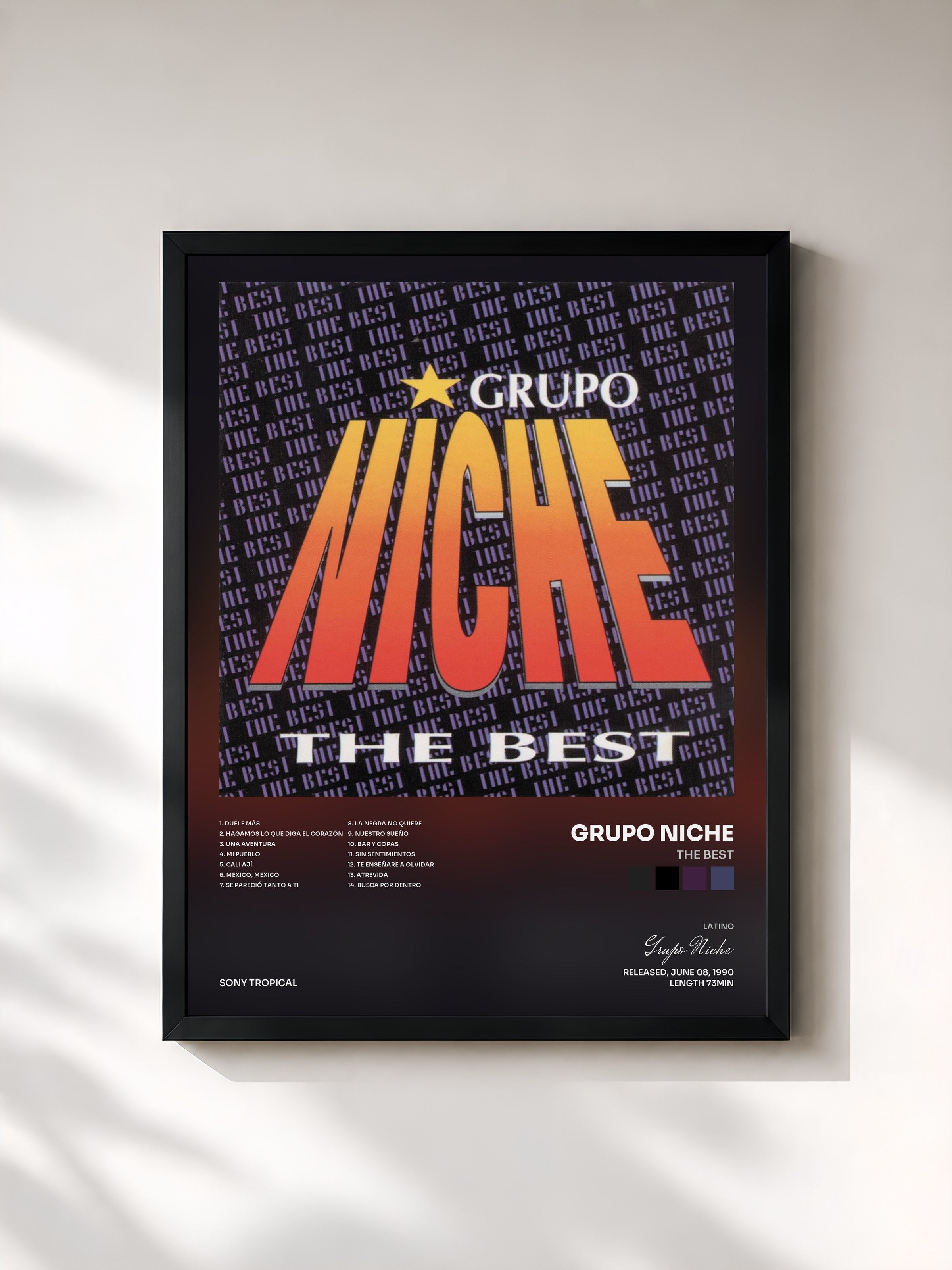 #noir Tableau de l'album The Best de Grupo Niche, cadre noir, imprimé et encadré en France