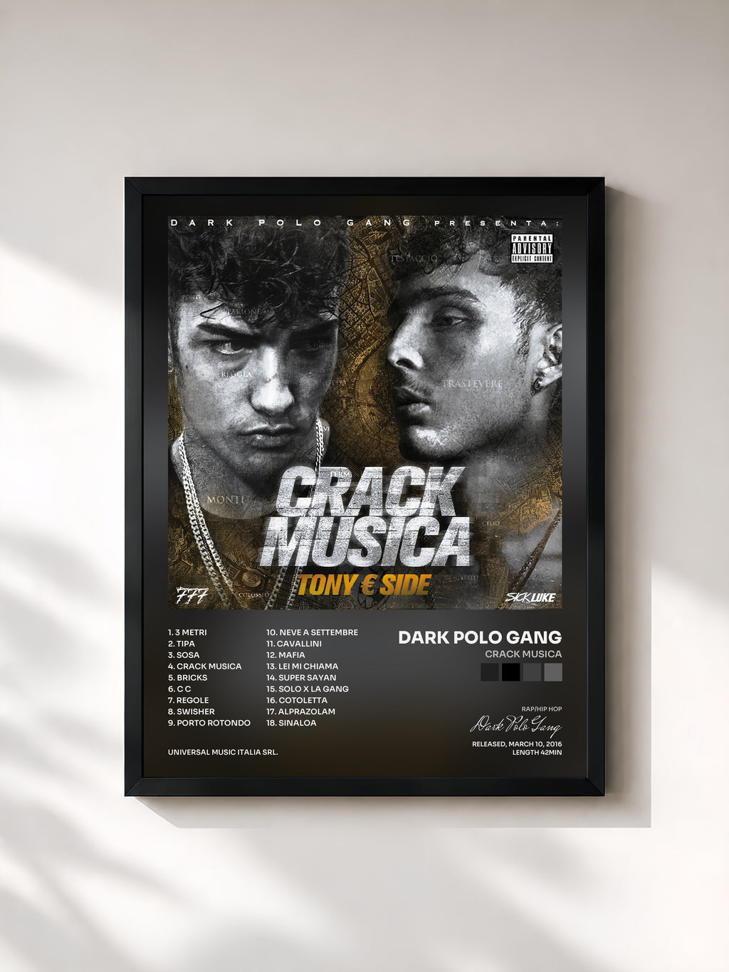 #noir Tableau de l'album Crack Musica de Dark Polo Gang, cadre noir, imprimé et encadré en France